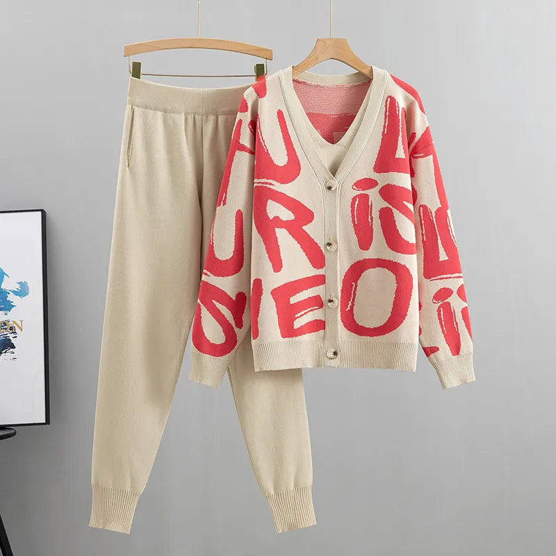 Stylish Autumn Women's 3-Piece Cardigan Tracksuit Set with Knitted Pocket & Letter Design - Cozy Sweater Outfit with Harem Pants for Fall Fashion | Perfect for Casual Wear, Office Outfits & Weekend Relaxation
