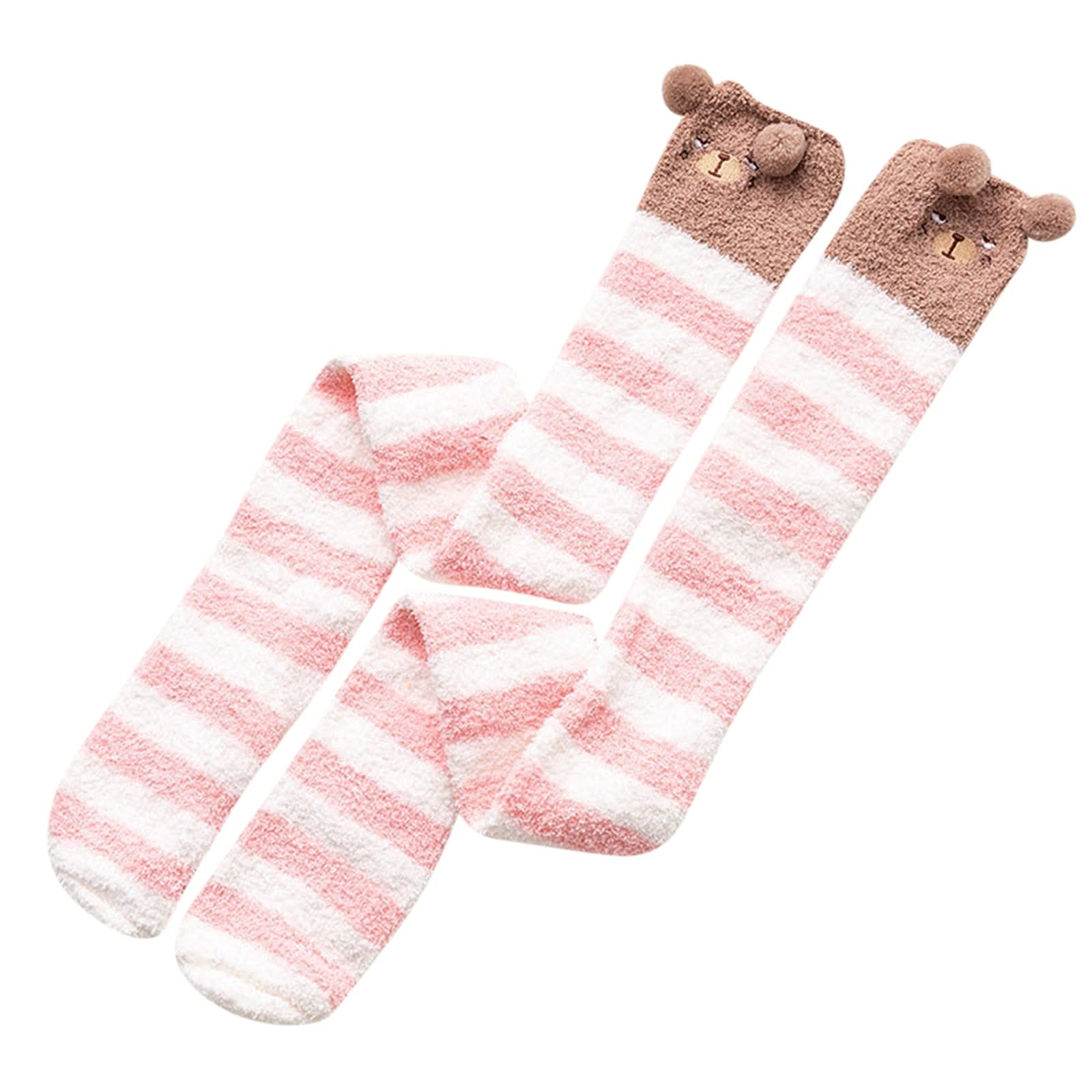 Women's Coral Fleece Over The Knee Socks - Thickened Warm Winter Sleeping Socks with Striped Design - Cozy for Home, Bedtime & Cold Weather Comfort
