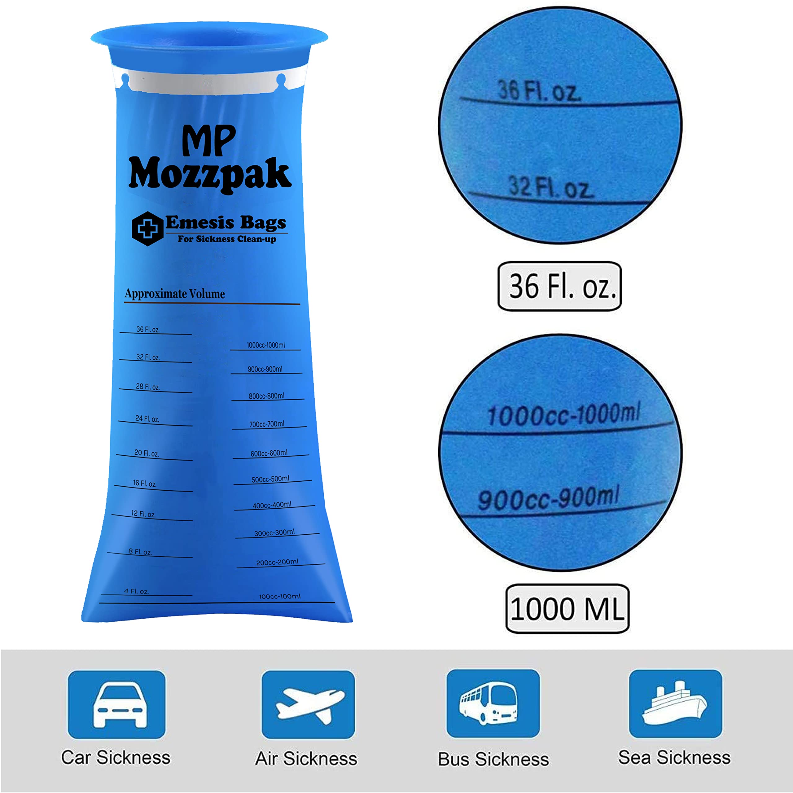 Disposable Vomit Bags 50 Pack - 1000ml Leak-Proof Medical Grade Emesis Bags for Motion Sickness, Travel, Car, Airplane & Kids - Portable Puke Bags for Nausea Relief on Road Trips, Flights & Taxi Rides
