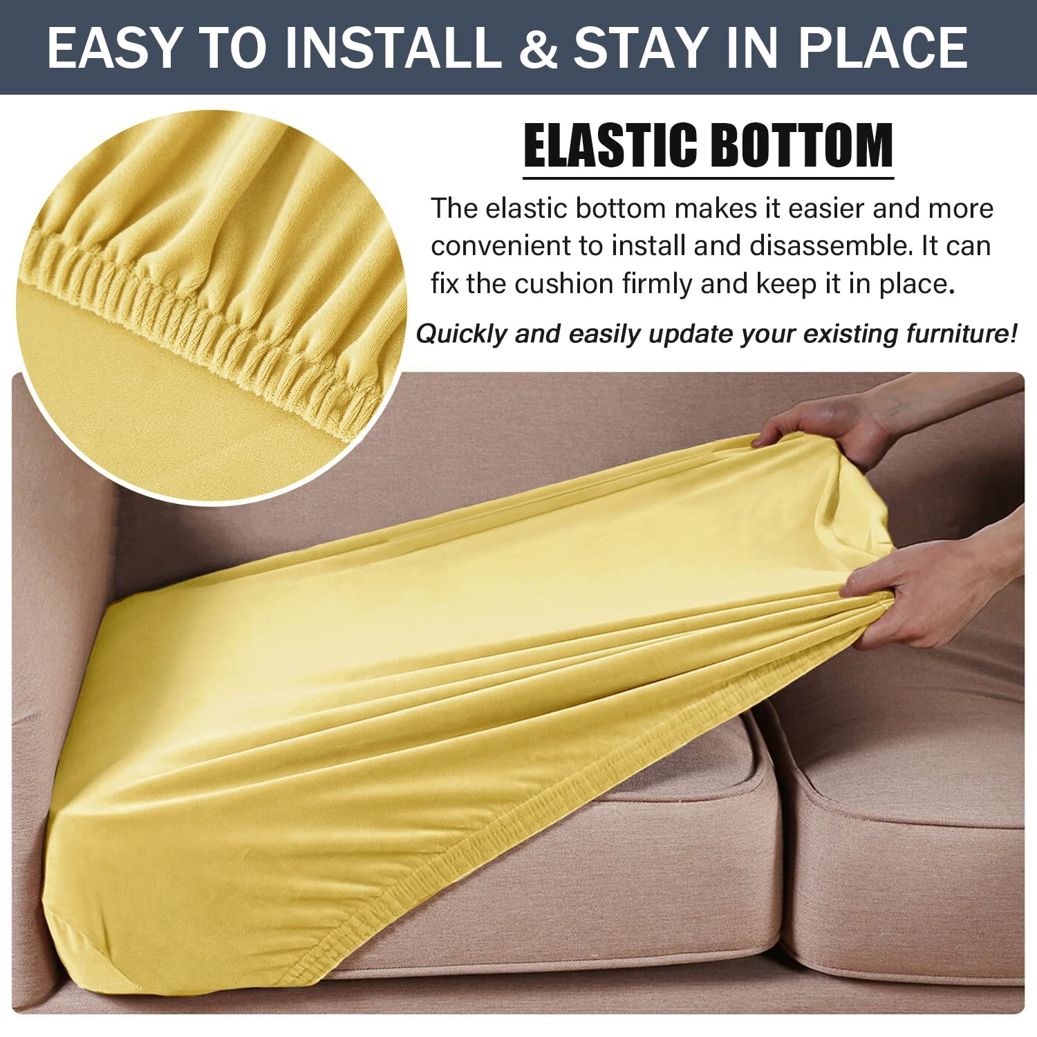 Soft Velvet Plush Stretch Cushion Cover with Elastic Bottom - Yellow Sofa Slipcover (Set of 3) | Furniture Protector for Living Room, Bedroom & Office Decor