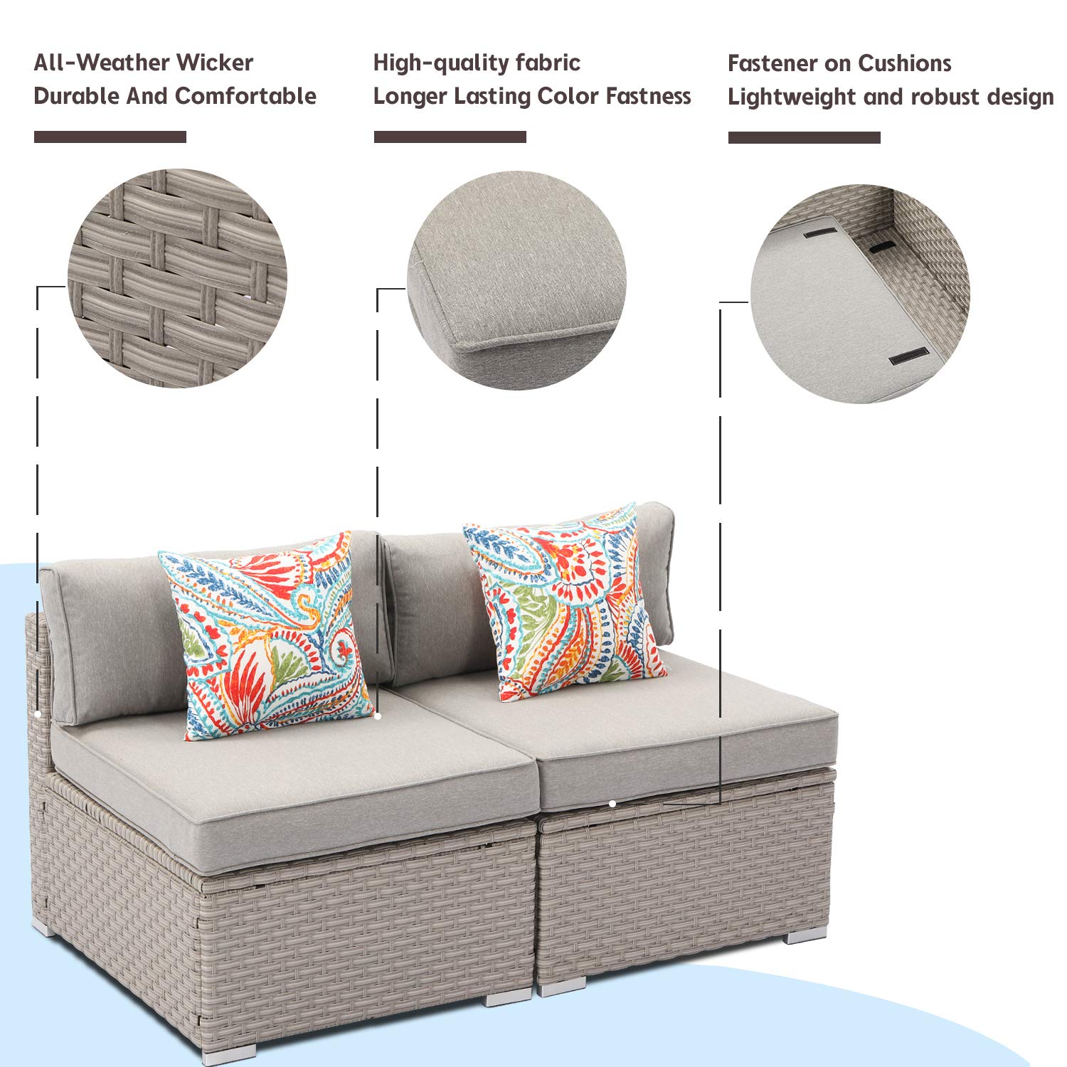 Sunbury 2-Piece Outdoor Sectional Wicker Sofa Set with Gray Cushions & Striped Pillows - Pearl Gray Patio Furniture for Backyard, Garden, Porch | Perfect for Relaxing, Entertaining Guests & Outdoor Lounging