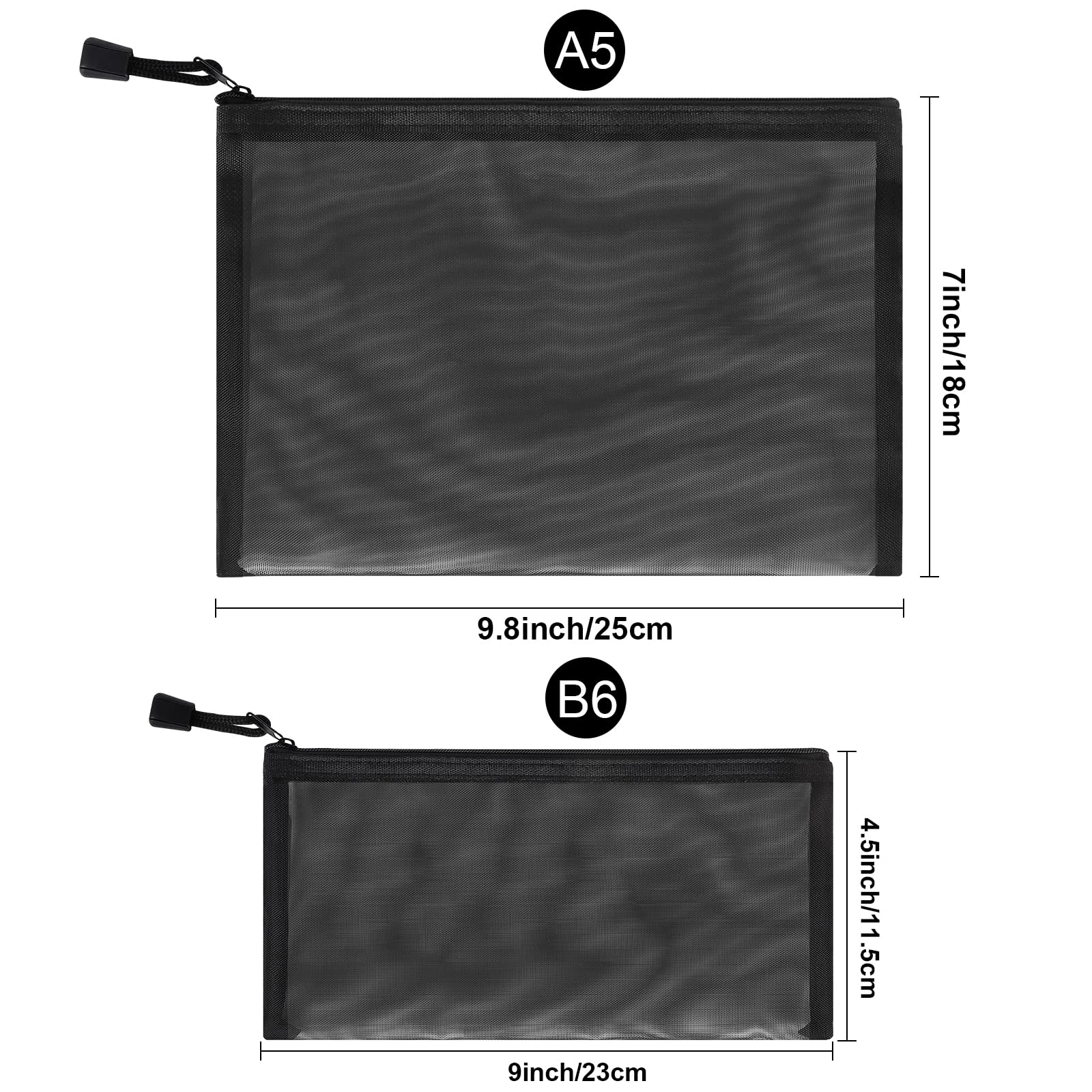 12-Piece Nylon Mesh Zipper Pouch Set - A5 & B6 Sizes, Black/White/Grey - Multipurpose Cosmetic Bags, Makeup Organizers, Pencil Cases & Travel Accessories for School, Office & Vacation Essentials - Perfect for Toiletry Kits, Art Supplies Storage & Travel Organization