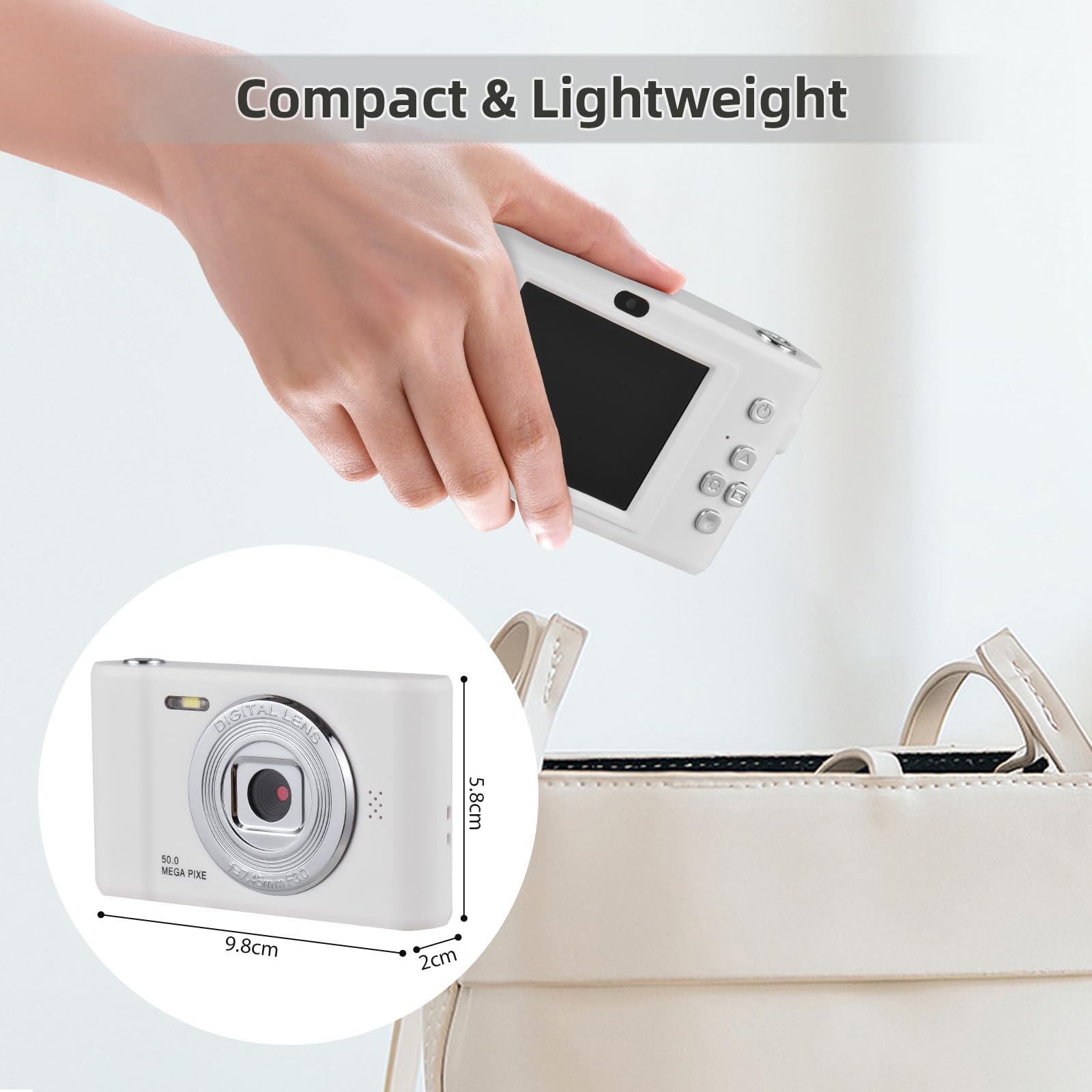 FHD 1080P Digital Camera with 8X Zoom - Compact Point and Shoot Camera for Beginners, Includes 32GB Memory Card (White) - Perfect for Travel, Vlogging & Everyday Photography