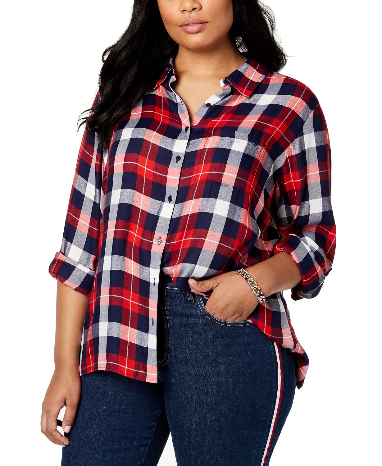Tommy Hilfiger Women's Classic Long Sleeve Roll Tab Button Down Shirt - Standard & Plus Size - Office Wear, Casual Outfits & Business Attire