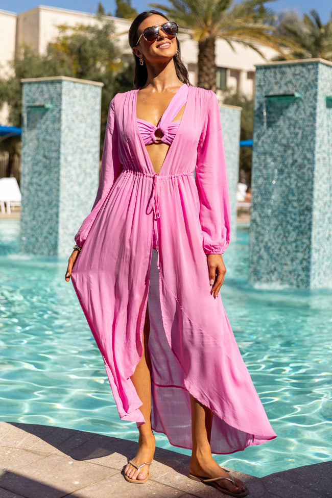 Shine On Pink Long Sleeve Swim Cover Up - Women's Beachwear for Swimming, Poolside & Vacation - UPF Sun Protection & Stylish Cover-Up