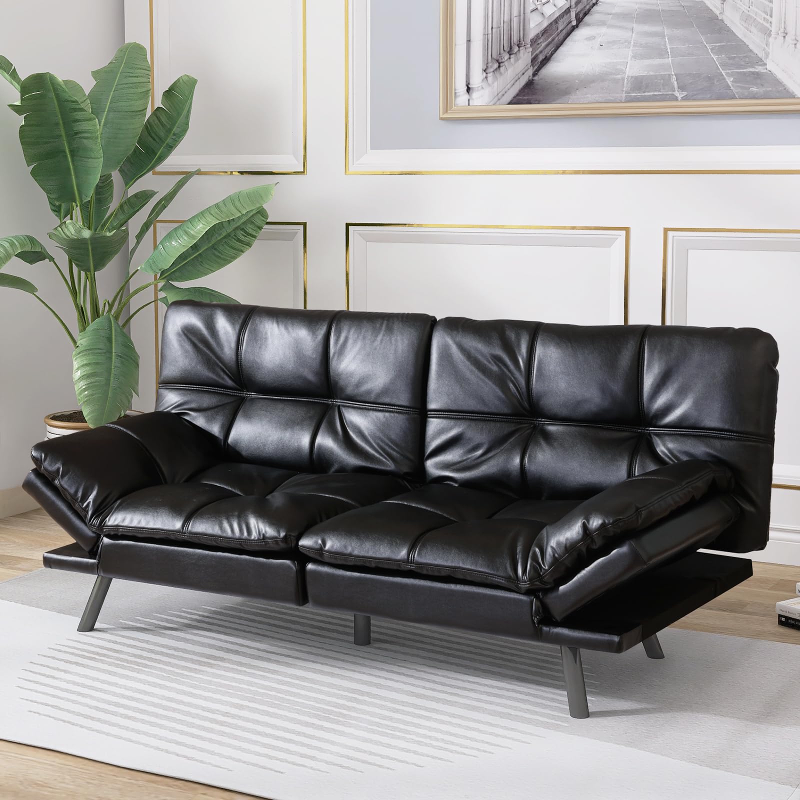 Hcore Convertible Futon Sofa Bed with Memory Foam - Modern Faux Leather Loveseat Sleeper for Living Room, Office & Apartment - Dark Black (SF-267) | Perfect for Small Spaces, Guest Rooms & Studio Apartments
