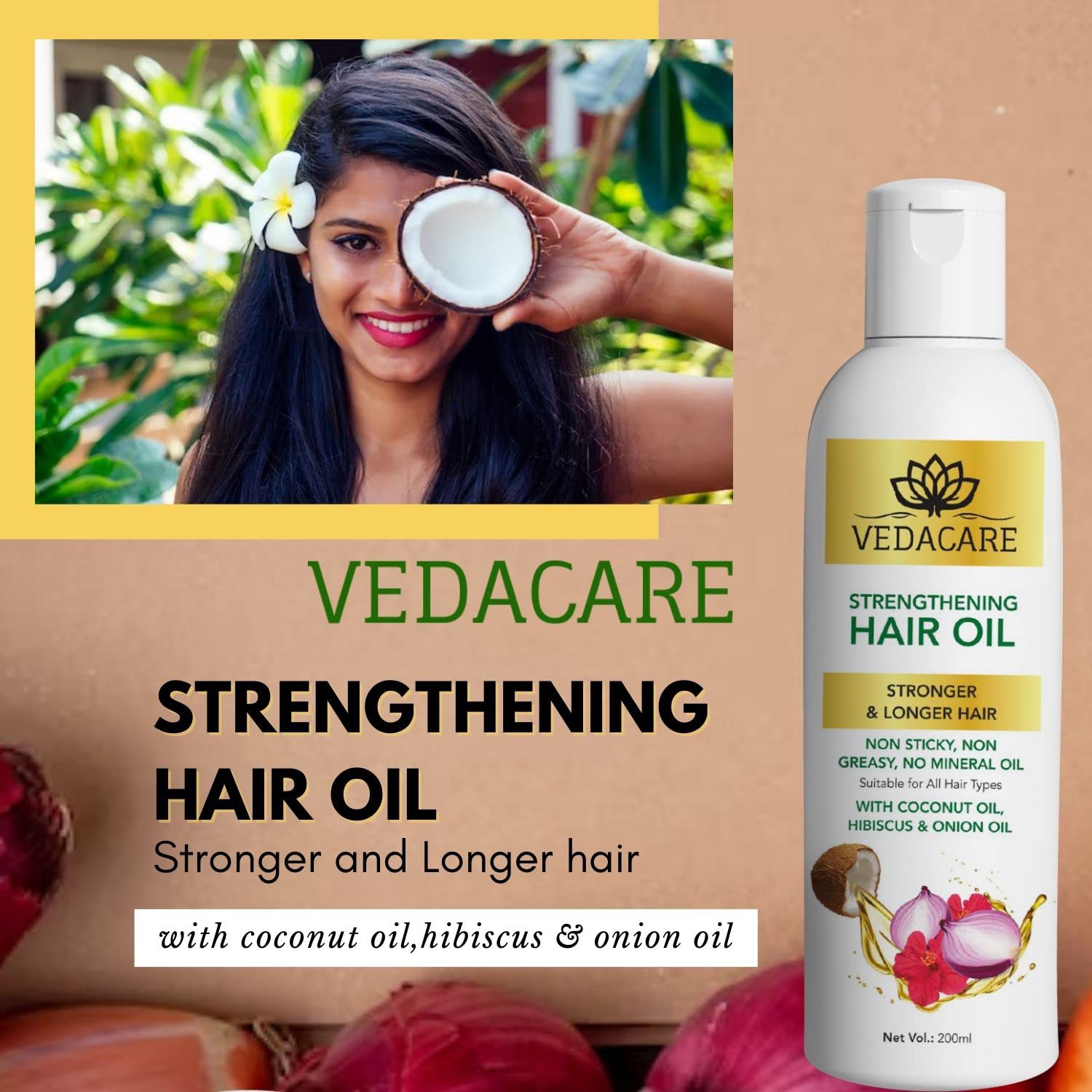 Vedacare Strengthening Hair Oil for Hair Fall Control - Natural Onion, Hibiscus & Coconut Oil Blend - Anti Hair Loss Treatment, No LLP, No Preservatives | Promotes Hair Growth & Reduces Hair Fall | Perfect for Daily Scalp Massage & Damaged Hair Repair