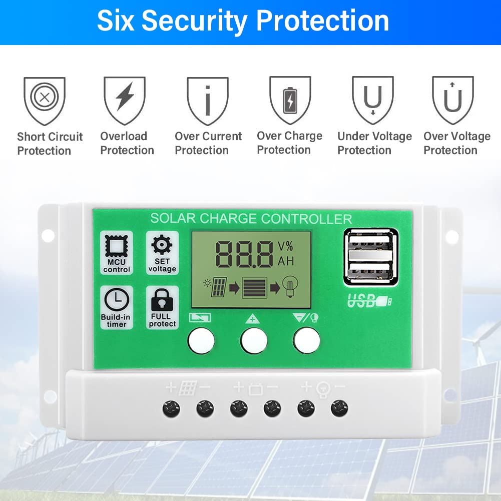 30A PWM Solar Charge Controller with Dual USB Ports - 12V/24V Intelligent Solar Panel Battery Regulator for Street Lights, RV, Marine & Off-Grid Power Systems