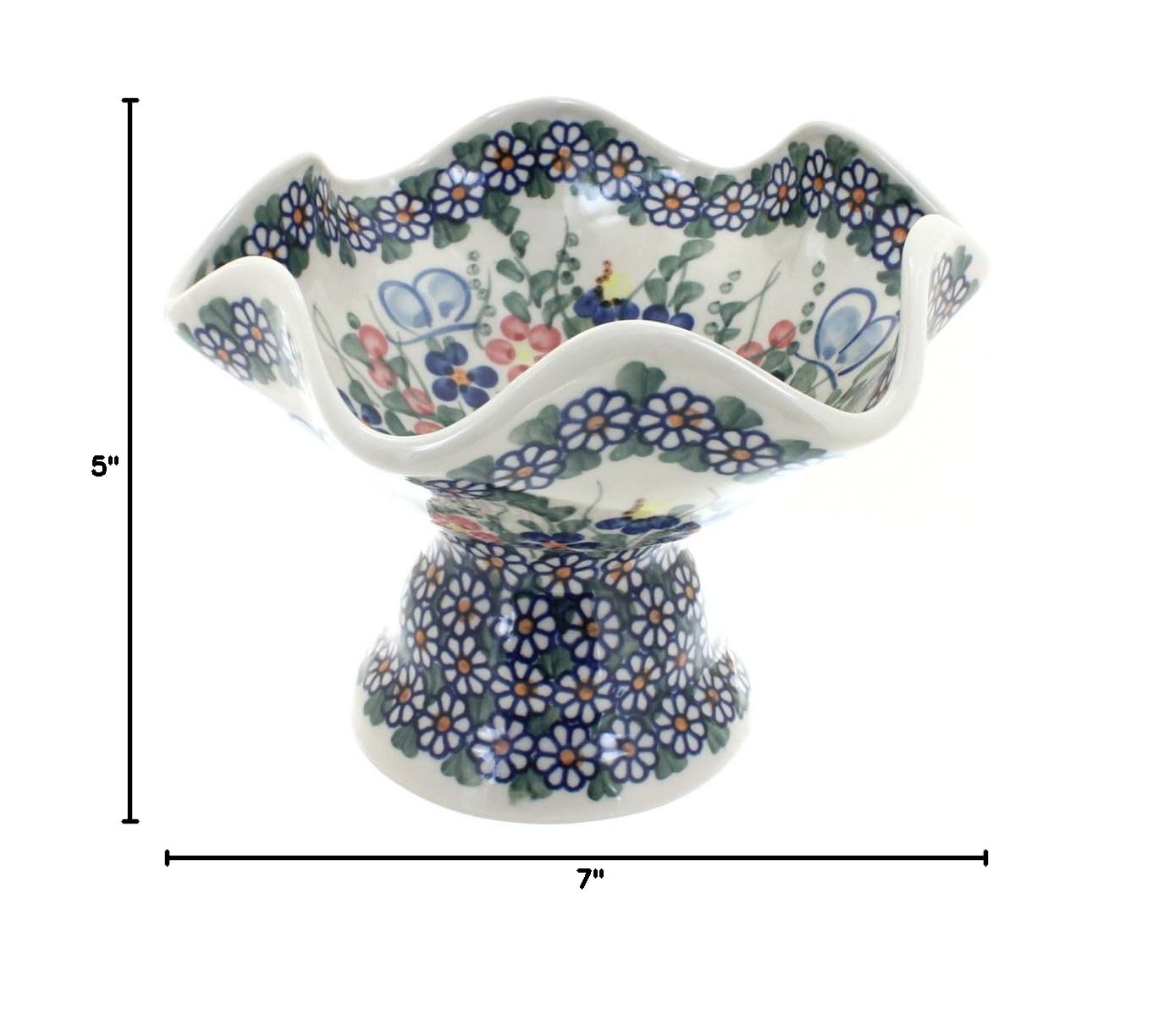 Handmade Blue Rose Polish Pottery Butterfly Candy Dish - Elegant Pedestal Bowl for Garden Parties, Wedding Favors & Home Decor