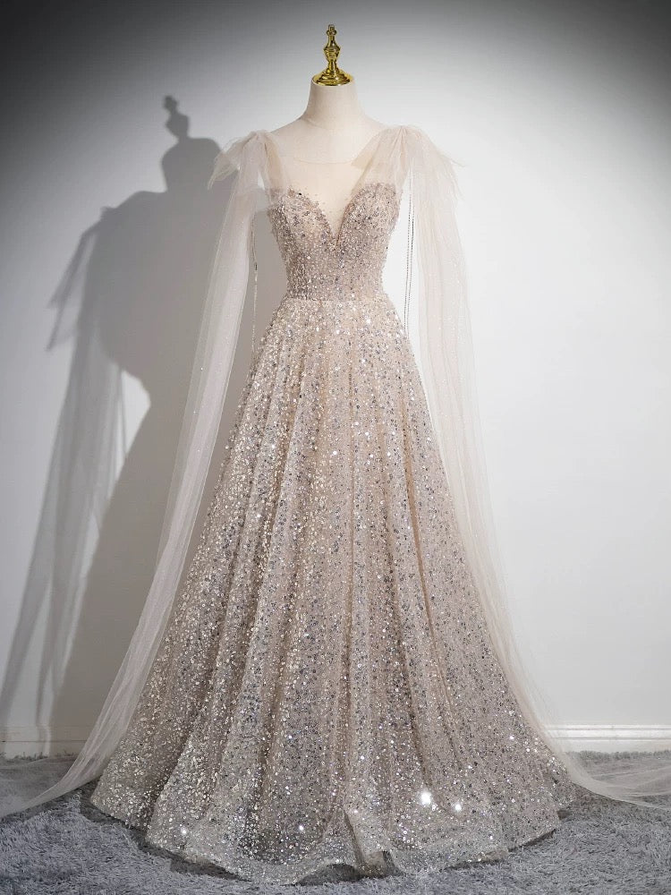 Elegant A-Line Scoop Neckline Champagne Sequin Tulle Long Prom Dress for Homecoming, Formal Dances & Special Occasions