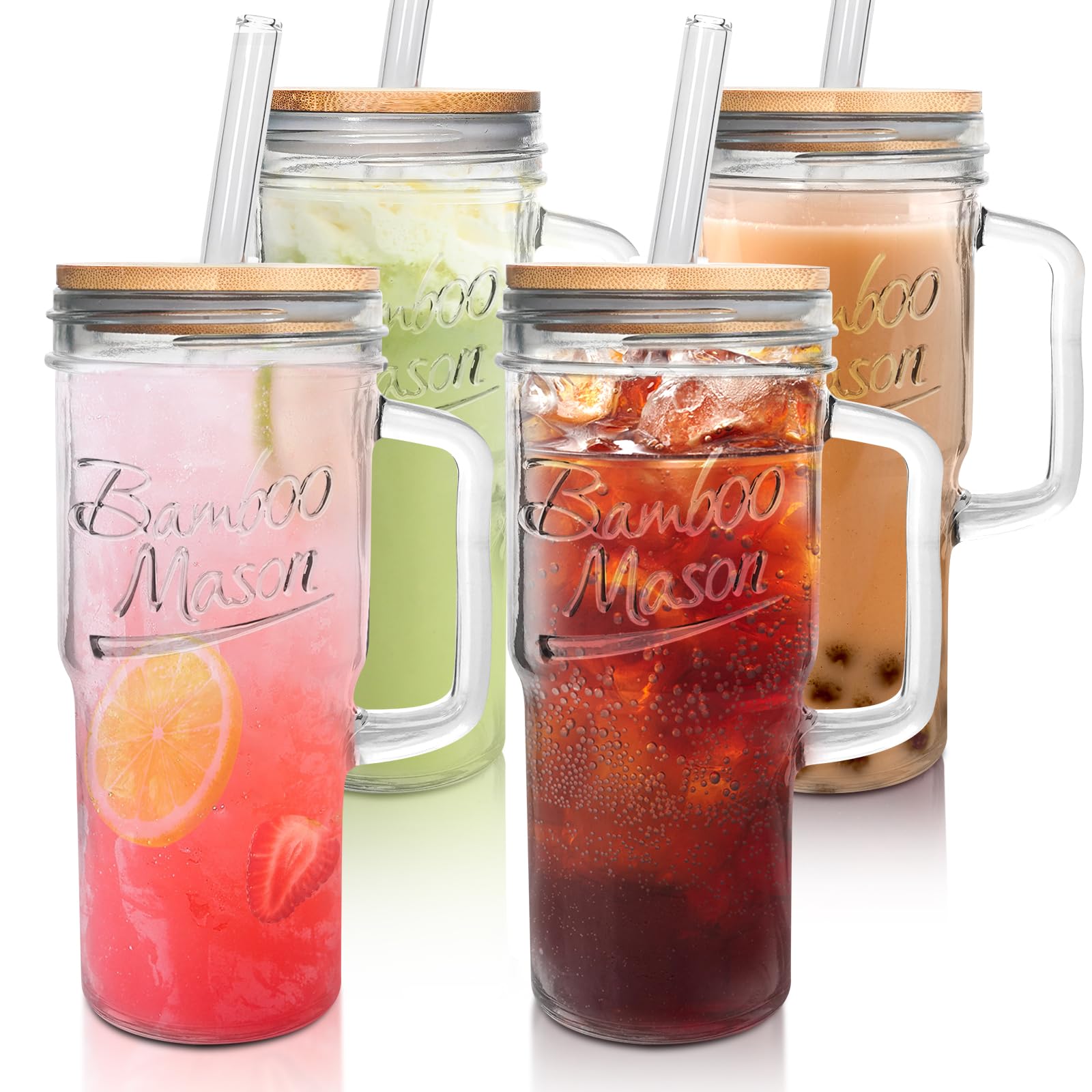 ANOTION 24 oz Glass Tumbler with Lid and Straw - Insulated Handle Coffee Cup for Hot & Cold Drinks - Perfect for Halloween Parties, Coffee Bars, Housewarming Gifts & Kitchen Essentials - Reusable Mason Jar Style Drinking Glass Set