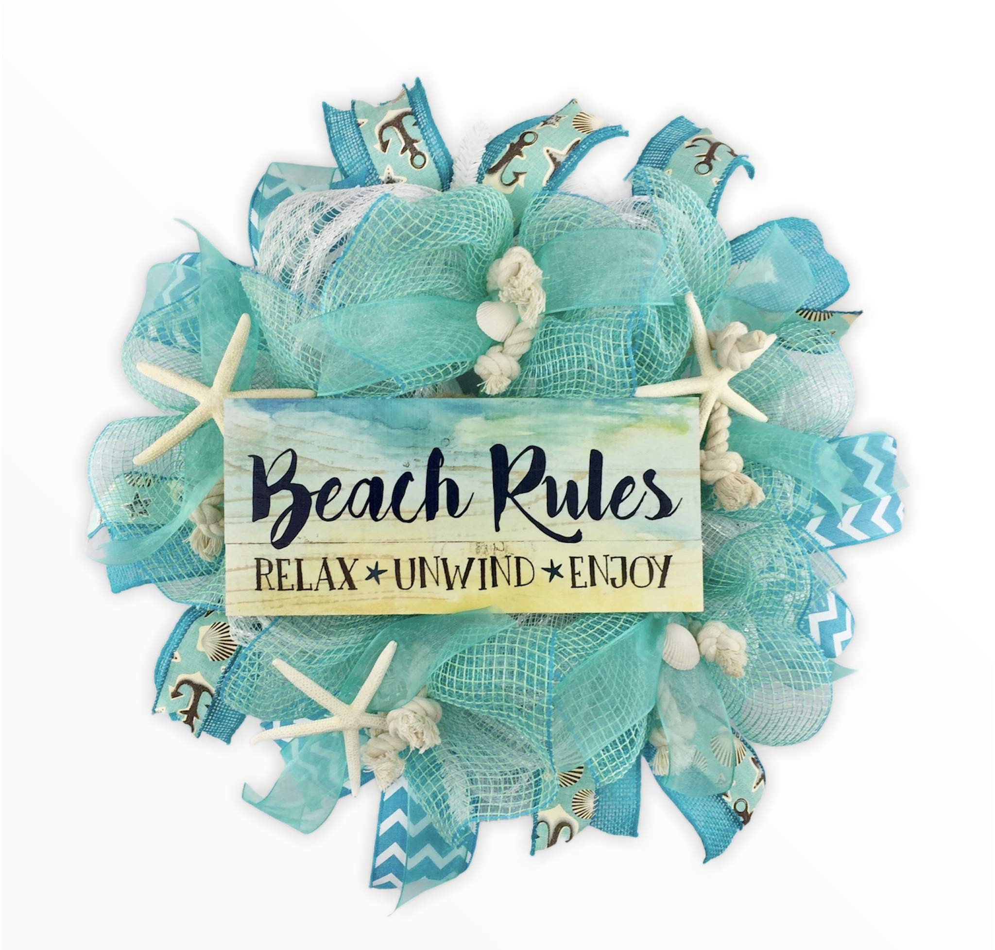 Handmade Coastal Beach Rules Wreath - Teal & White Nautical Welcome Decor for Front Door, Indoor or Outdoor Use | Perfect for Beach House, Porch, and Summer Home Decor