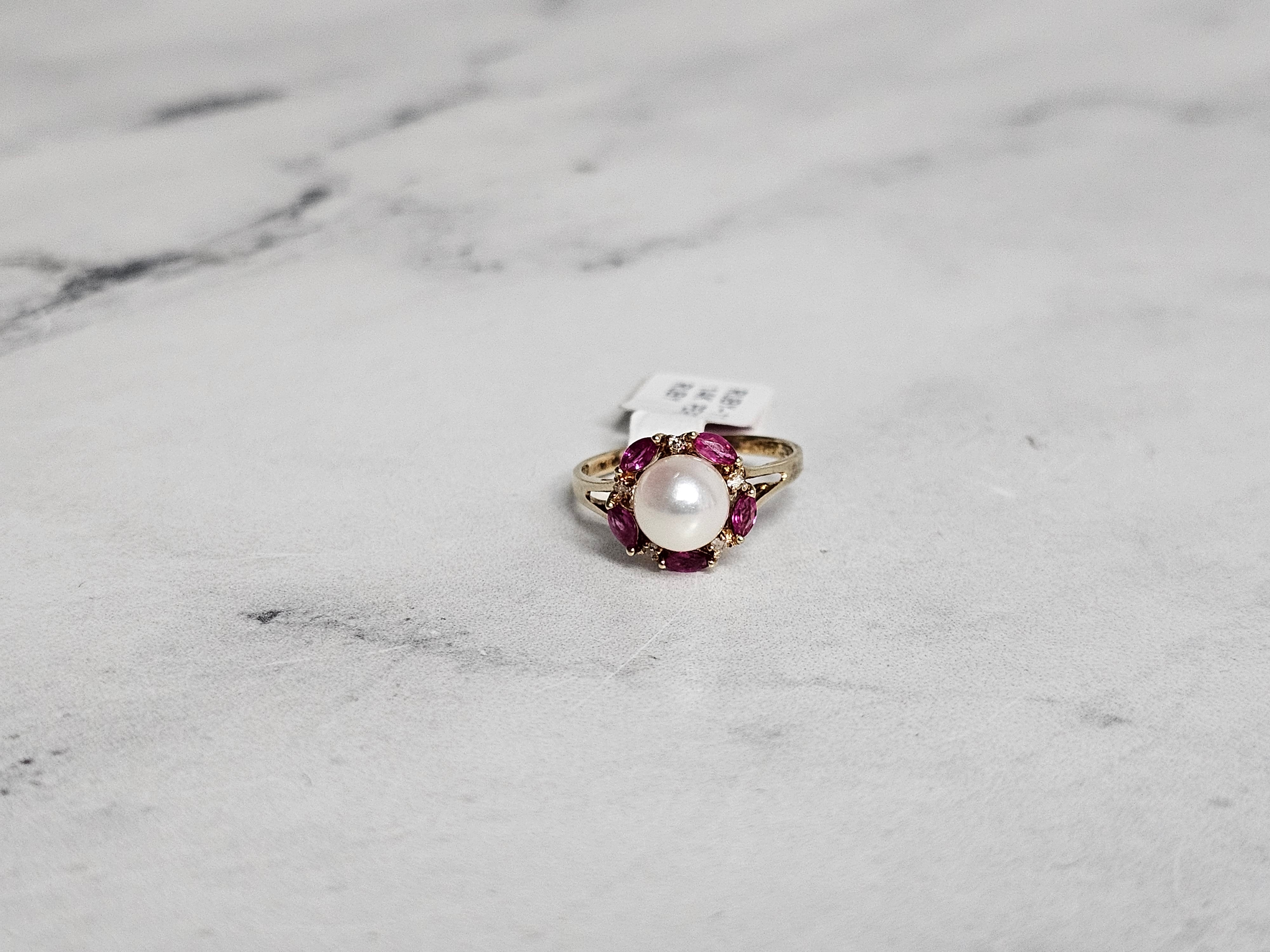 7MM Freshwater White Pearl & Ruby Diamond Halo Ring in 14k Yellow Gold - Elegant Jewelry for Weddings, Anniversaries & Special Occasions