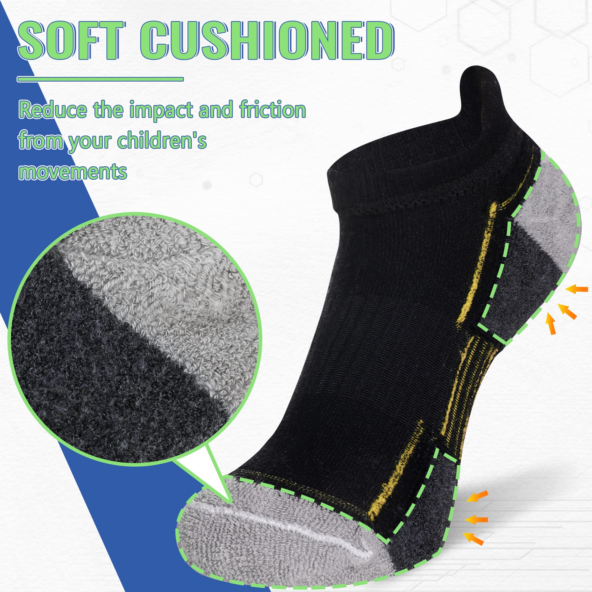 SeeyAN Boys Athletic Ankle Socks - 6 Pairs of Breathable Cotton Low Cut Sports Socks with Half Cushion for Kids - Perfect for Running, Basketball & Daily Activities