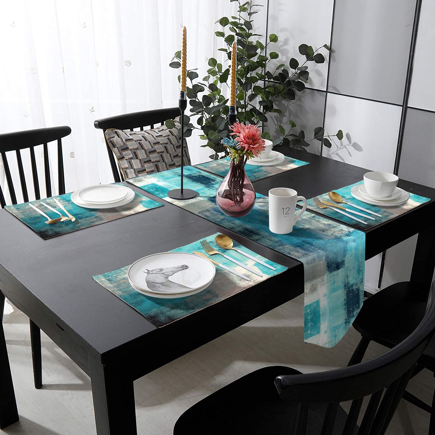 GALMAXS7 Teal & Turquoise Table Runner with 4 Washable Placemats Set - 72 Inch Long Dining Table Decor for Holiday Parties, Dinner, and Special Occasions | Elegant Table Setting for Weddings, Thanksgiving, and Christmas Celebrations
