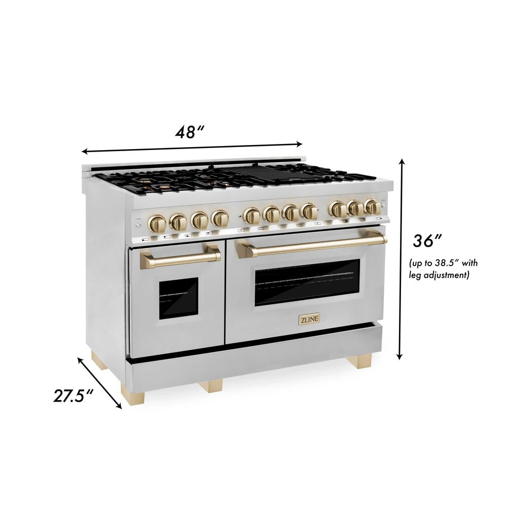 ZLINE Autograph Edition 48-inch Stainless Steel Dual Fuel Range & Range Hood Kitchen Package with Polished Gold Accents - Premium Cooking Appliance for Gourmet Chefs & Home Kitchens (2AKP RARH48 G)