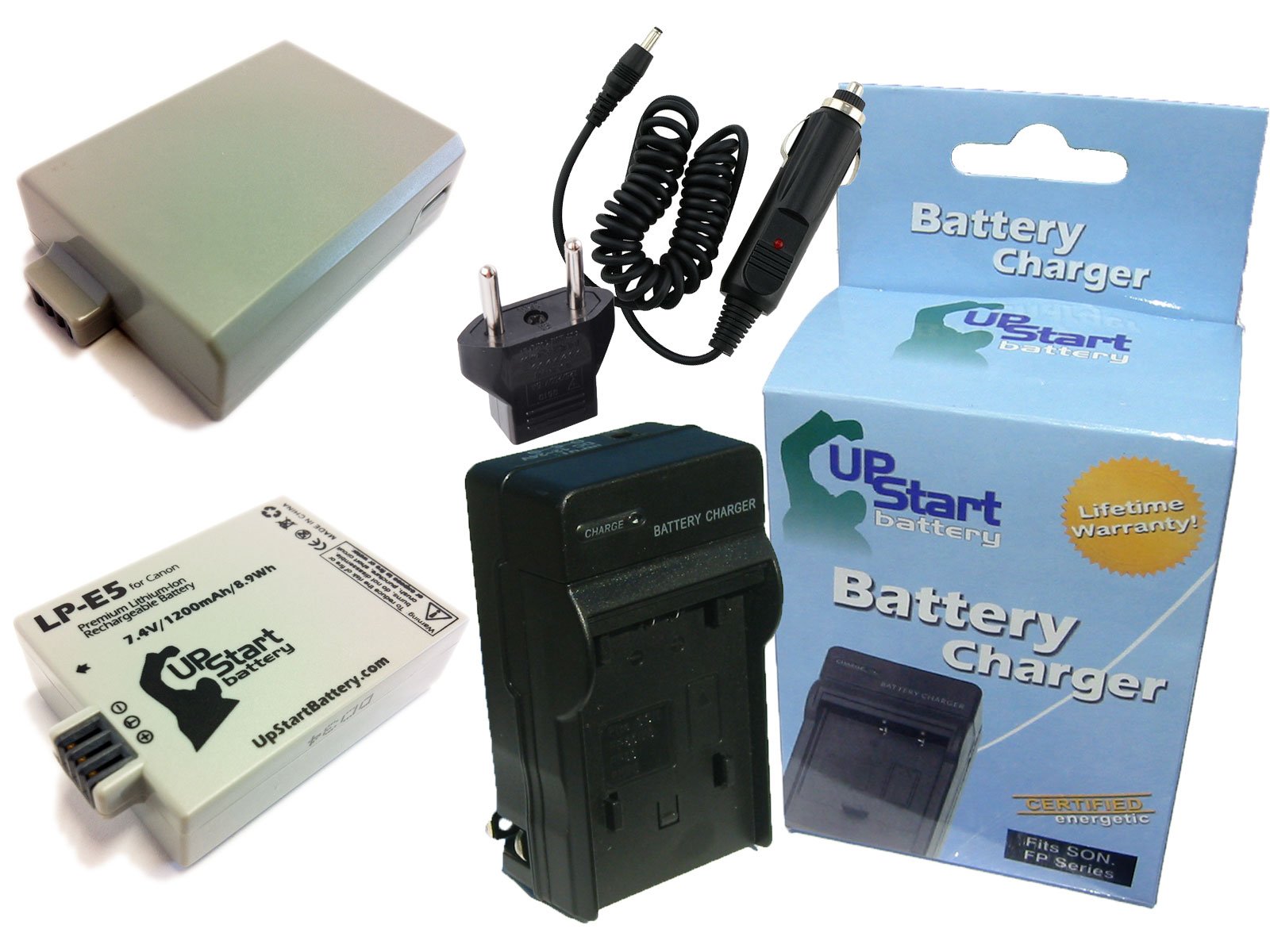 2 Pack Replacement Battery & Charger for Canon 450D/LP-E5 - 1200mAh 7.4V Lithium-Ion with Car & EU Adapters - Compatible with Canon EOS Rebel XSi, Kiss X2 Digital Cameras - Perfect for Travel, Photography & Backup Power