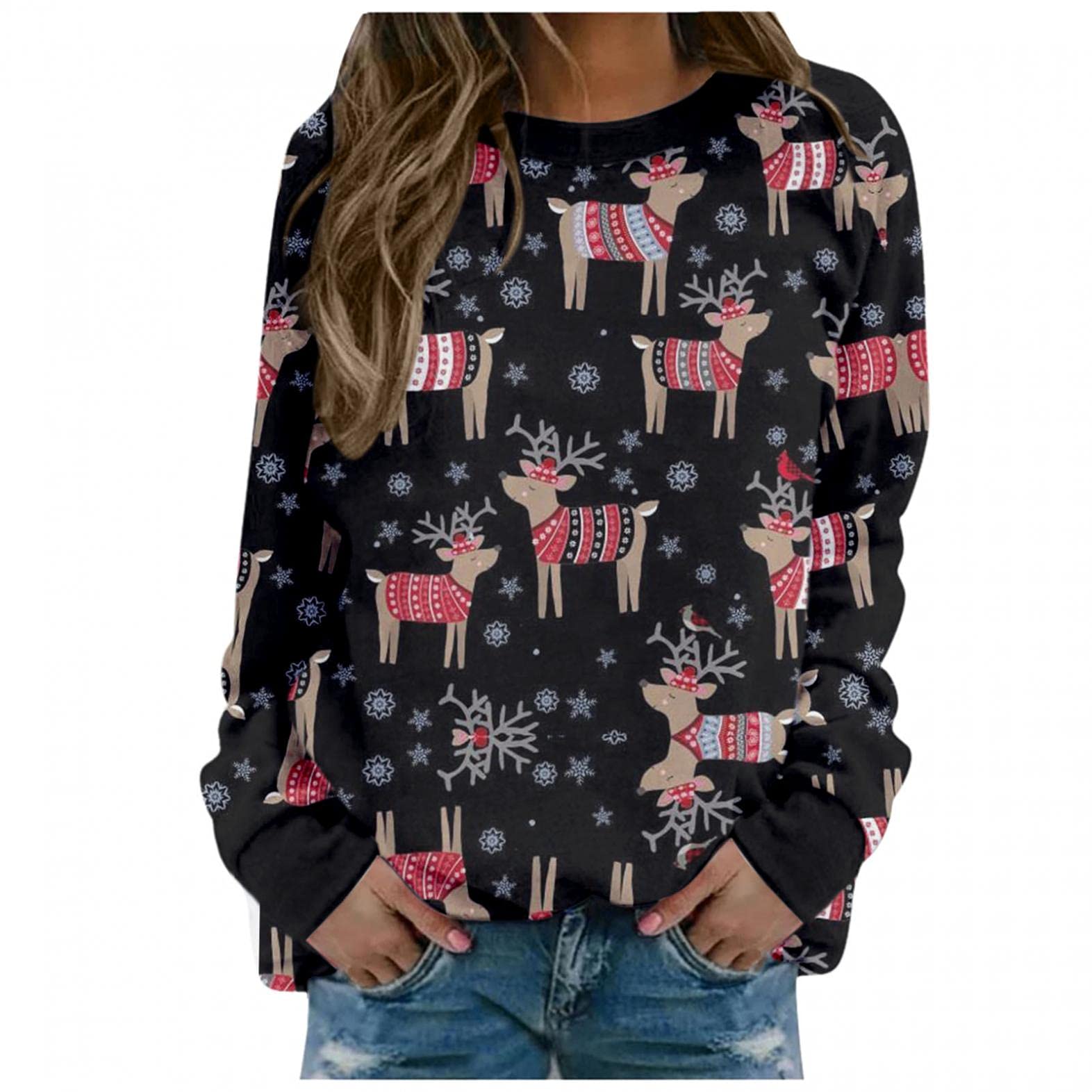 Women's Christmas Elk Print Long Sleeve Sweatshirt - Casual Crewneck Pullover Loose Fit Blouse Top for Holiday Parties & Winter Outfits