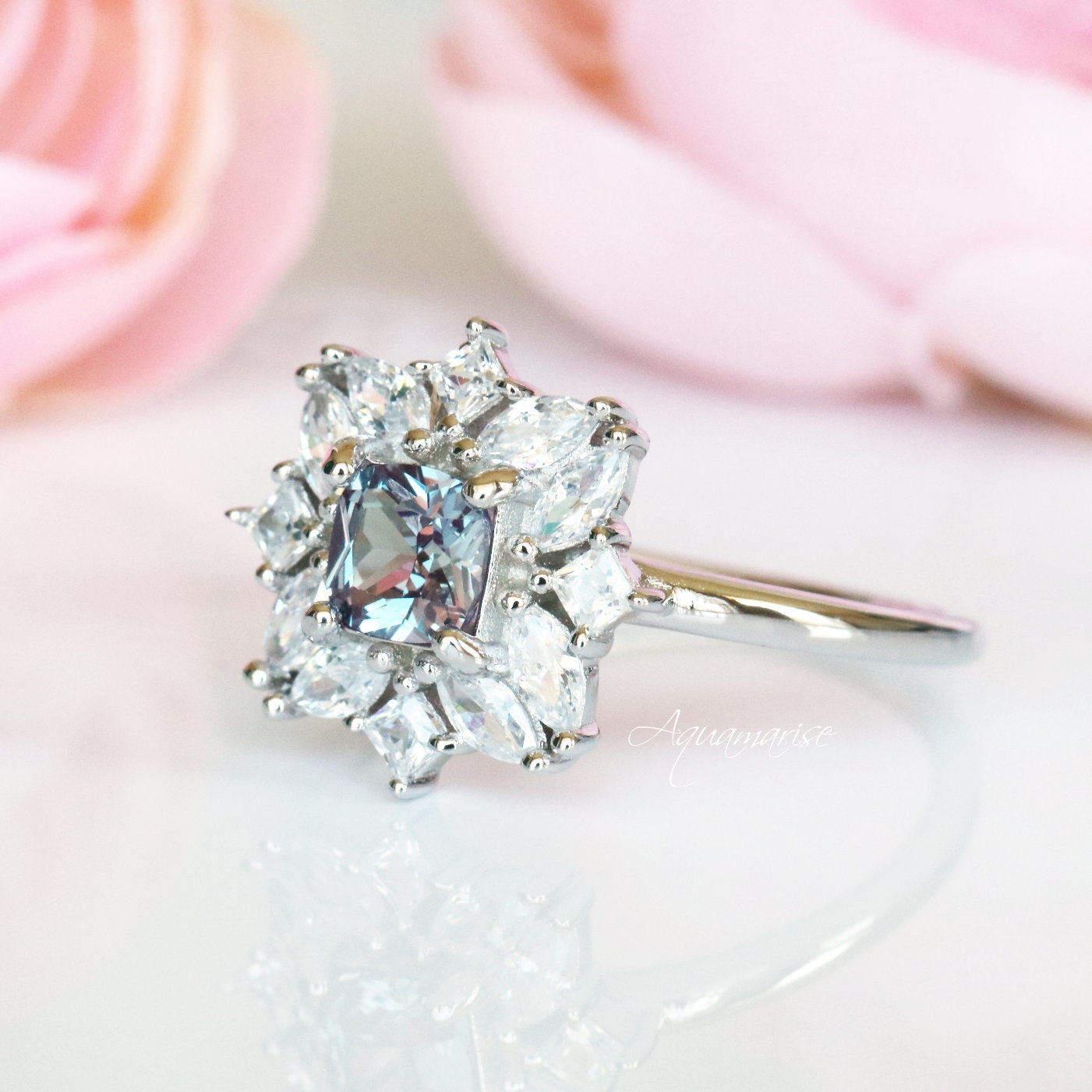 Alexandrite Ring for Women - Sterling Silver 925 Magnolia Flower Design, Adjustable Size for Engagement, Anniversary & Gift Giving