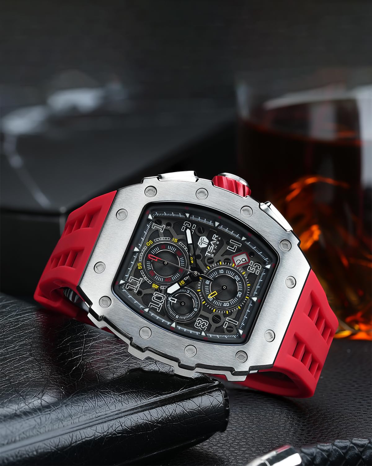 TSAR BOMBA Luxury Men's Watch - Tonneau Sapphire Crystal Japanese Quartz Chronograph - 50M Water Resistant Rubber Strap Luminous Diver Watch - Perfect Gift for Him - Ideal for Business, Diving & Formal Occasions
