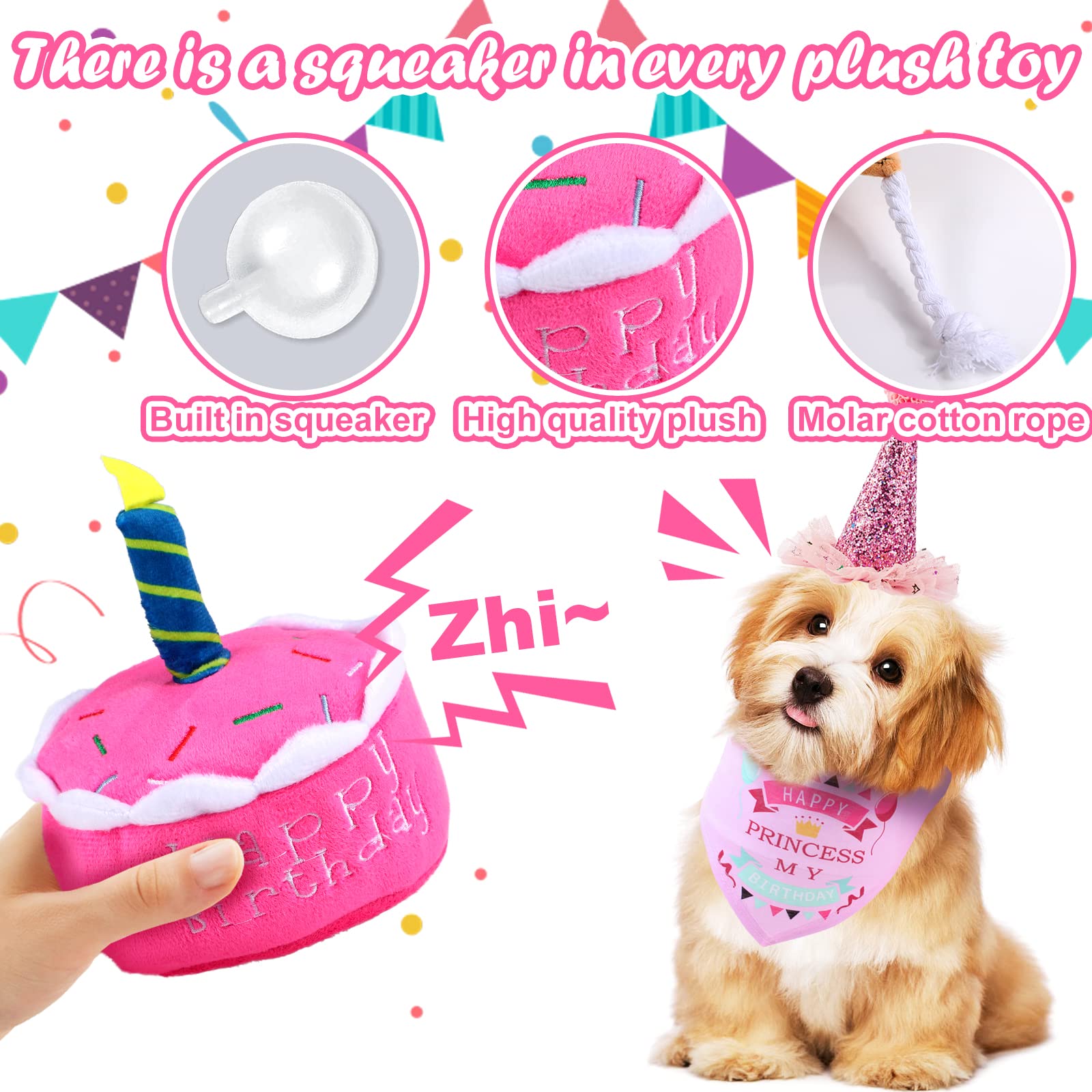 DoreenBow 5 Pack Squeaky Dog Chew Toys - Puppy Teething Plush Birthday Cake Toys for Small Dogs | Perfect Gift Box for Dog Birthday Parties & Puppy Playtime