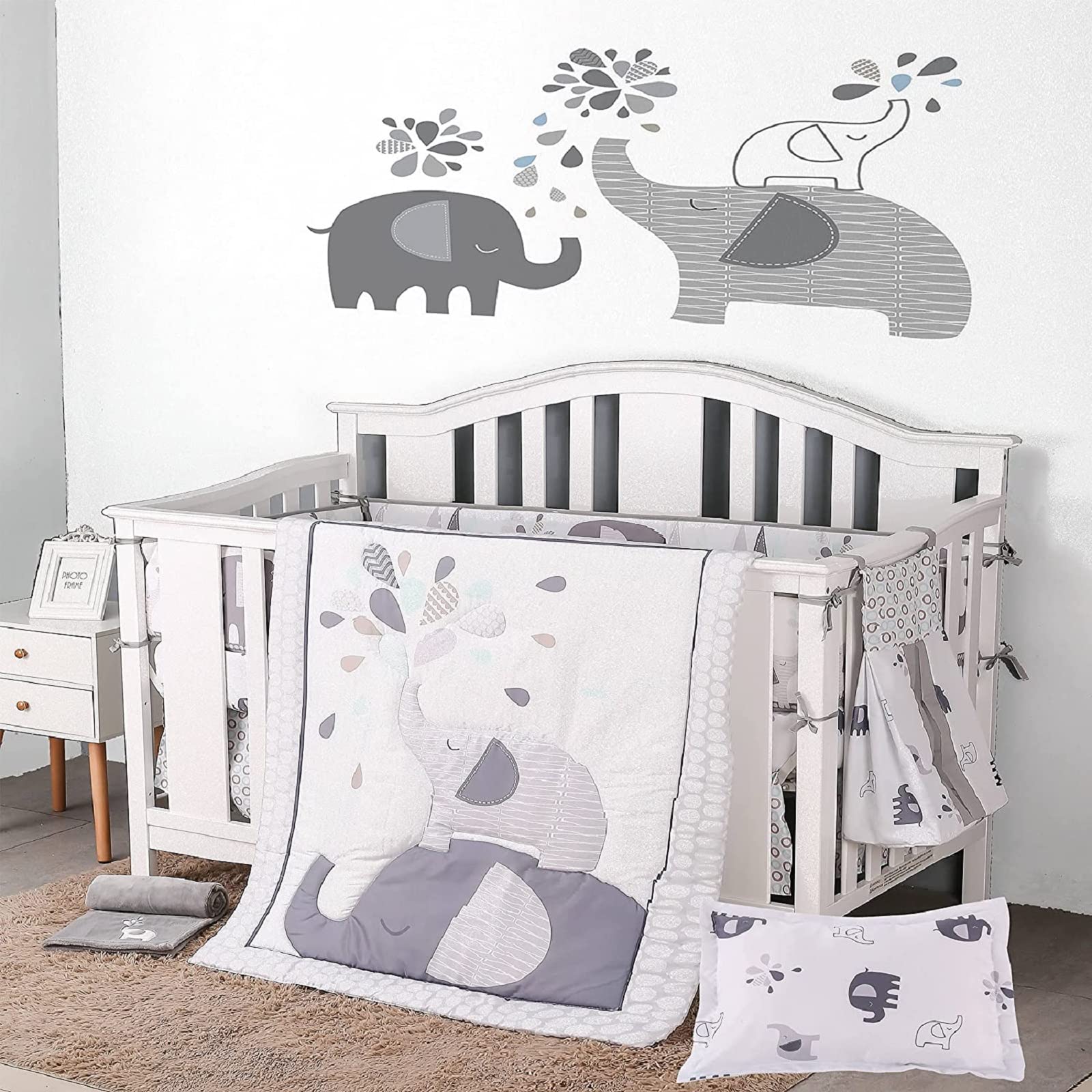11-Piece Baby Crib Bedding Set for Boys & Girls - Includes Quilt, Fitted Sheet, Pillowcase, Crib Skirt, Diaper Organizer, Blanket, Wall Decals & 4 Side Cushions | Soft Nursery Decor for Newborns & Toddlers | Perfect for Baby Showers, Nurseries & Gift Giving