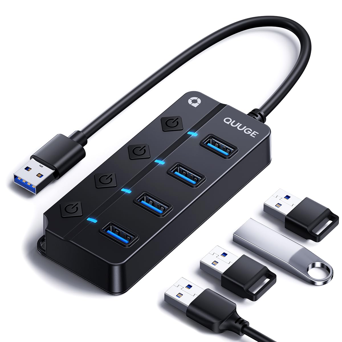 4 Port USB 3.0 Hub with Individual On/Off Switches - High Speed 5Gbps Data Transfer, DC 3.5mm Charging Port - Compact USB Splitter for PC, Laptop, Mac - Perfect for Home Office, Gaming & Travel Accessories