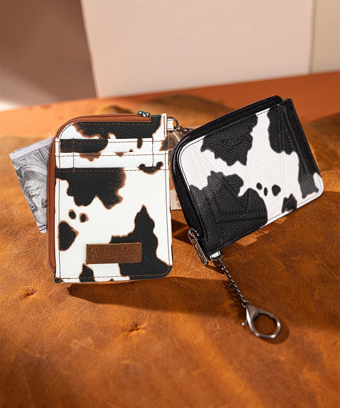 Wrangler Genuine Leather Cow Print Card Holder for Men & Women - Slim RFID Blocking Wallet for Credit Cards & ID - Perfect for Travel, Work, and Everyday Use