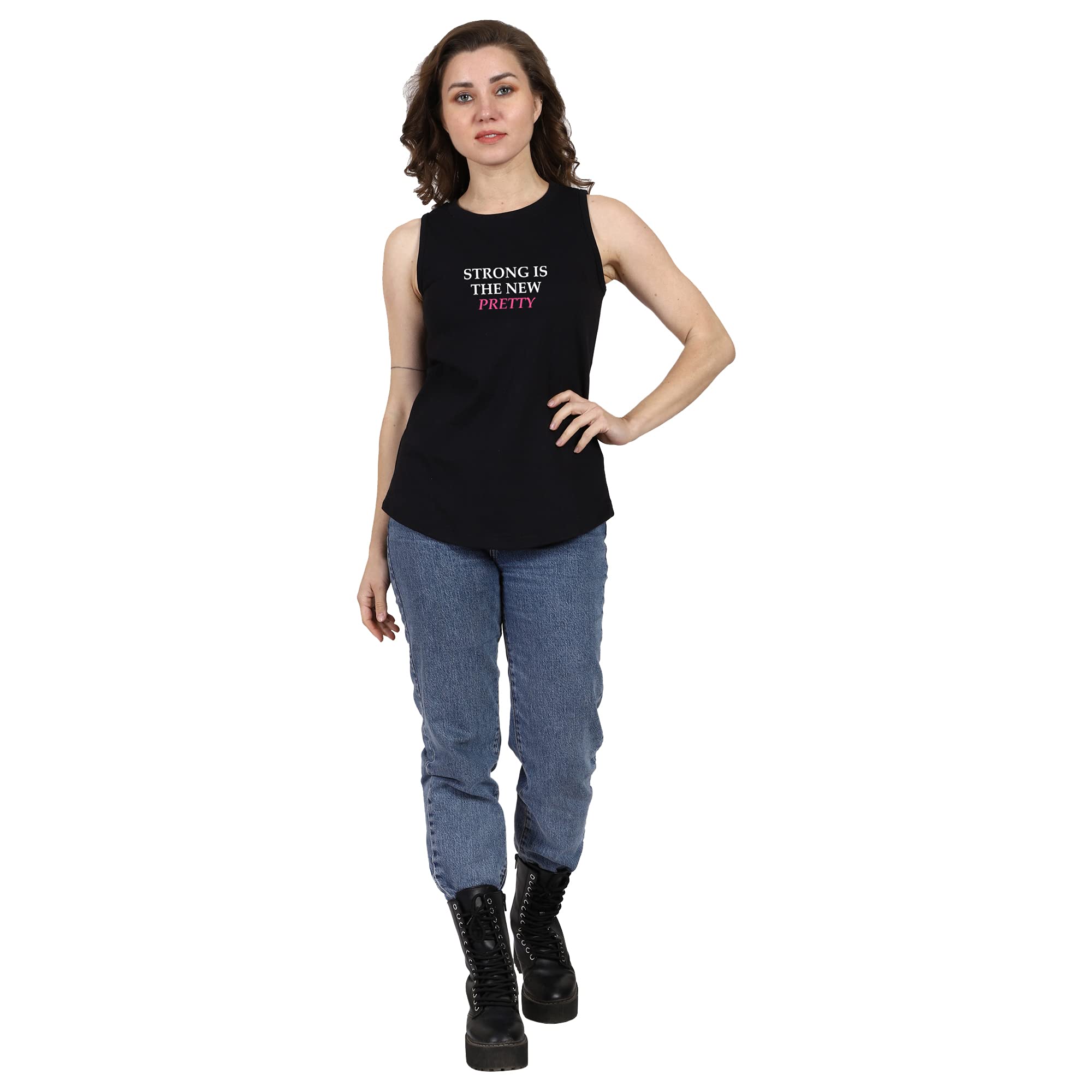 Strong is New Pretty - Women's Printed Tank Tops | Sleeveless Gym Shirts for Workouts & Fitness | Cotton Athletic Wear | Motivational Quote T-Shirts for Women & Girls | Perfect for Yoga, Running & Gym Training