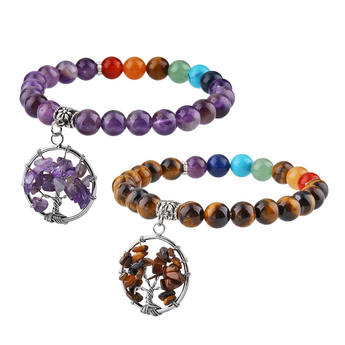 7 Chakra Stone Beads Bracelet Set for Women & Men - Healing Crystal Stretch Wristbands (Pack of 2) for Meditation, Yoga & Spiritual Balance