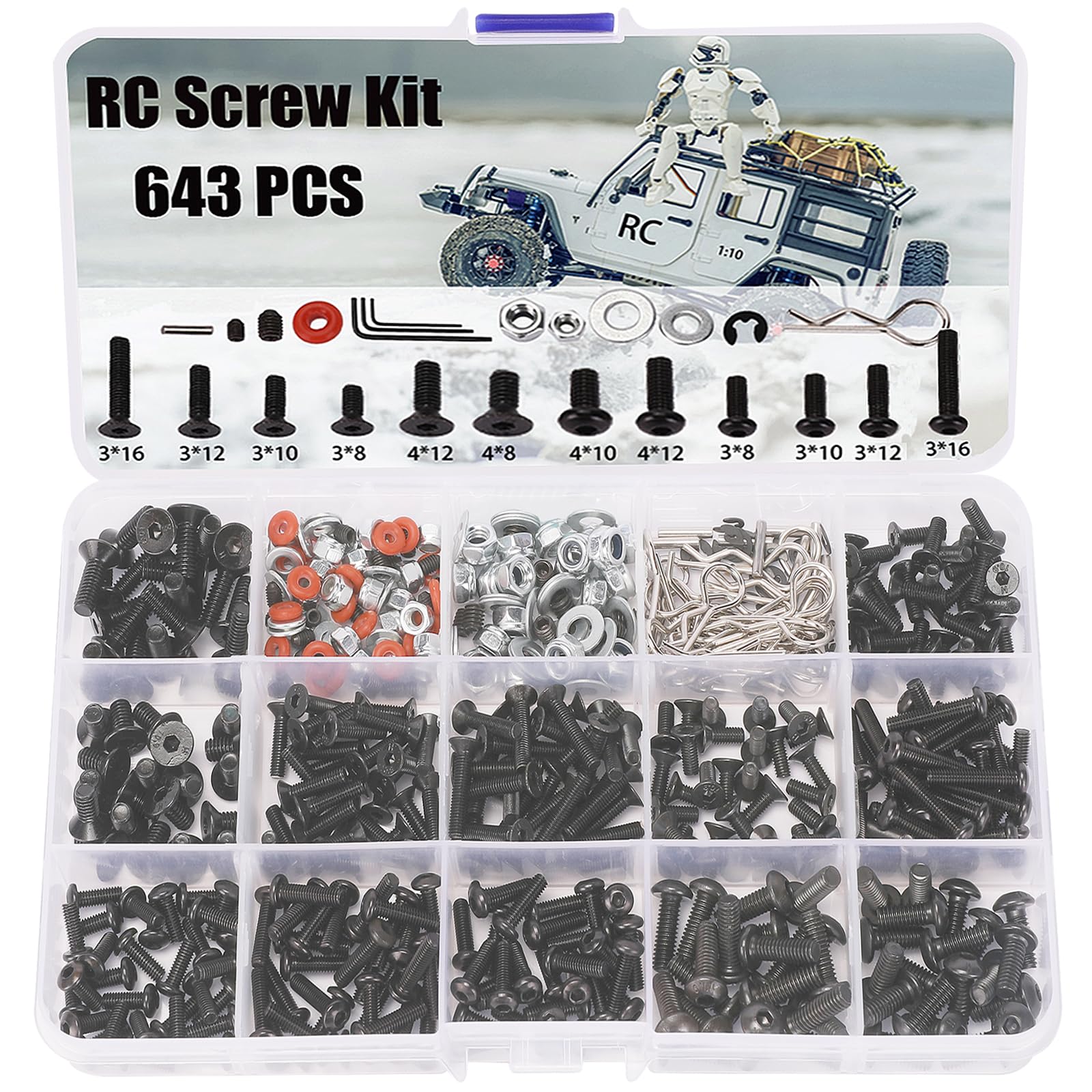 643 PCS RC Screw Kit - Hardware Fasteners Assortment for Traxxas, Axial, Redcat, HPI, Arrma, Losi RC Cars - Compatible with 1/8, 1/10, 1/12, 1/16 Scale Crawler, Truck, Buggy, Short Course & Track Cars - Perfect for Repairs & Upgrades