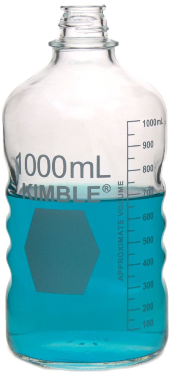 Kimble Chase KIMAX USP Type I Glass Screw Thread Storage Bottles - 1000mL, 33-430 GPI Thread Finish, Graduated (Case of 12) - Ideal for Laboratory Media Storage & Chemical Solutions