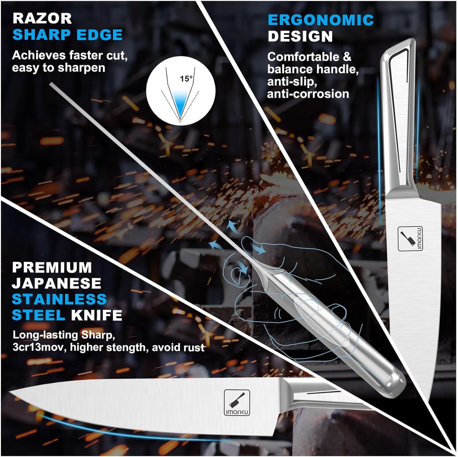 Imarku G14 14-Piece Japanese Stainless Steel Knife Set with Block & Built-in Sharpener - Ergonomic Non-Slip Handle, Dishwasher Safe - Perfect for Home Chefs, Cooking Enthusiasts & Kitchen Essentials (Great Gift for Weddings & Housewarmings)
