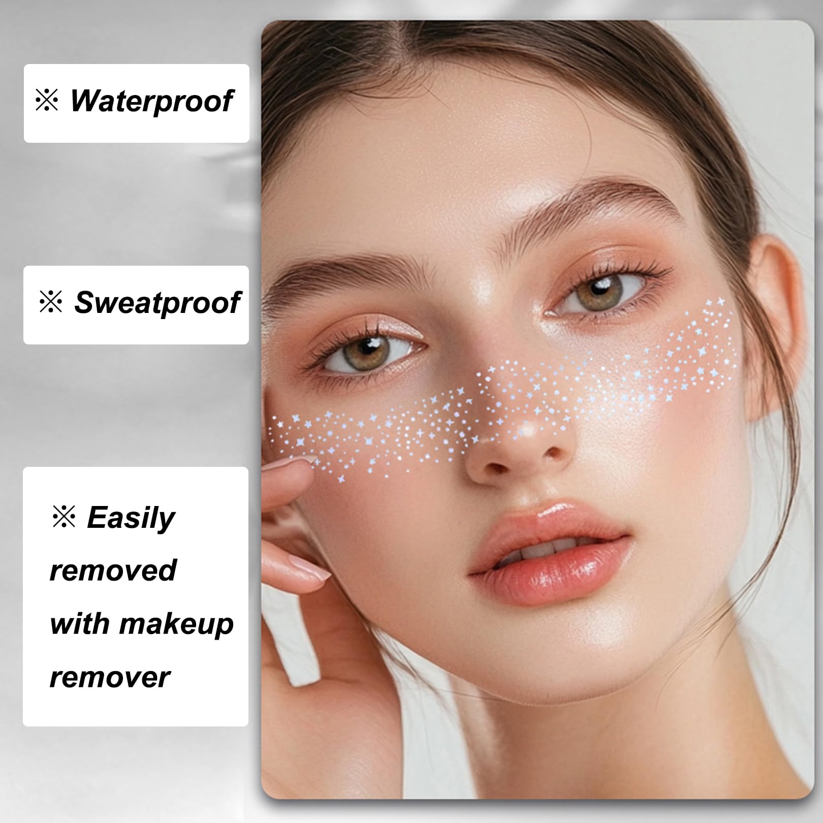 Glitter Freckles Face Tattoo - 6 PCS Silver Face Glitter Makeup Patches for Festival, Rave & Halloween | Glow Up Makeup Speckles for Cheek, Nose & Body | Waterproof Self-Adhesive Cosmetic Stickers