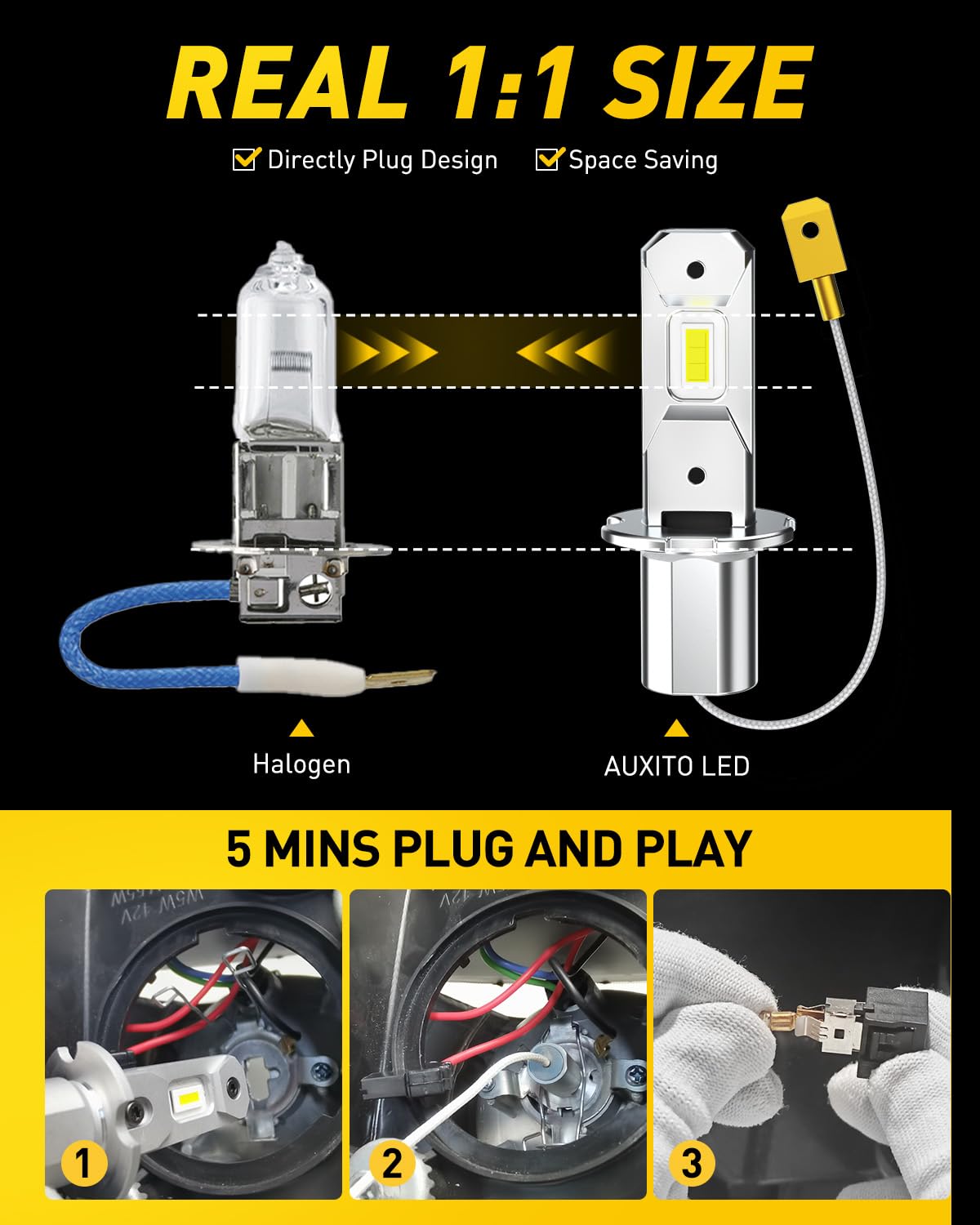 AUXITO H3 LED Bulb - 16,000LM Super Bright Fog Light, 600% Brighter Than Halogen, 10-Year Lifespan, Plug & Play Installation, CANBUS Ready - Perfect for Fog Lamps & DRL (Pack of 2) - Ideal for Off-Road, Night Driving & Inclement Weather Conditions