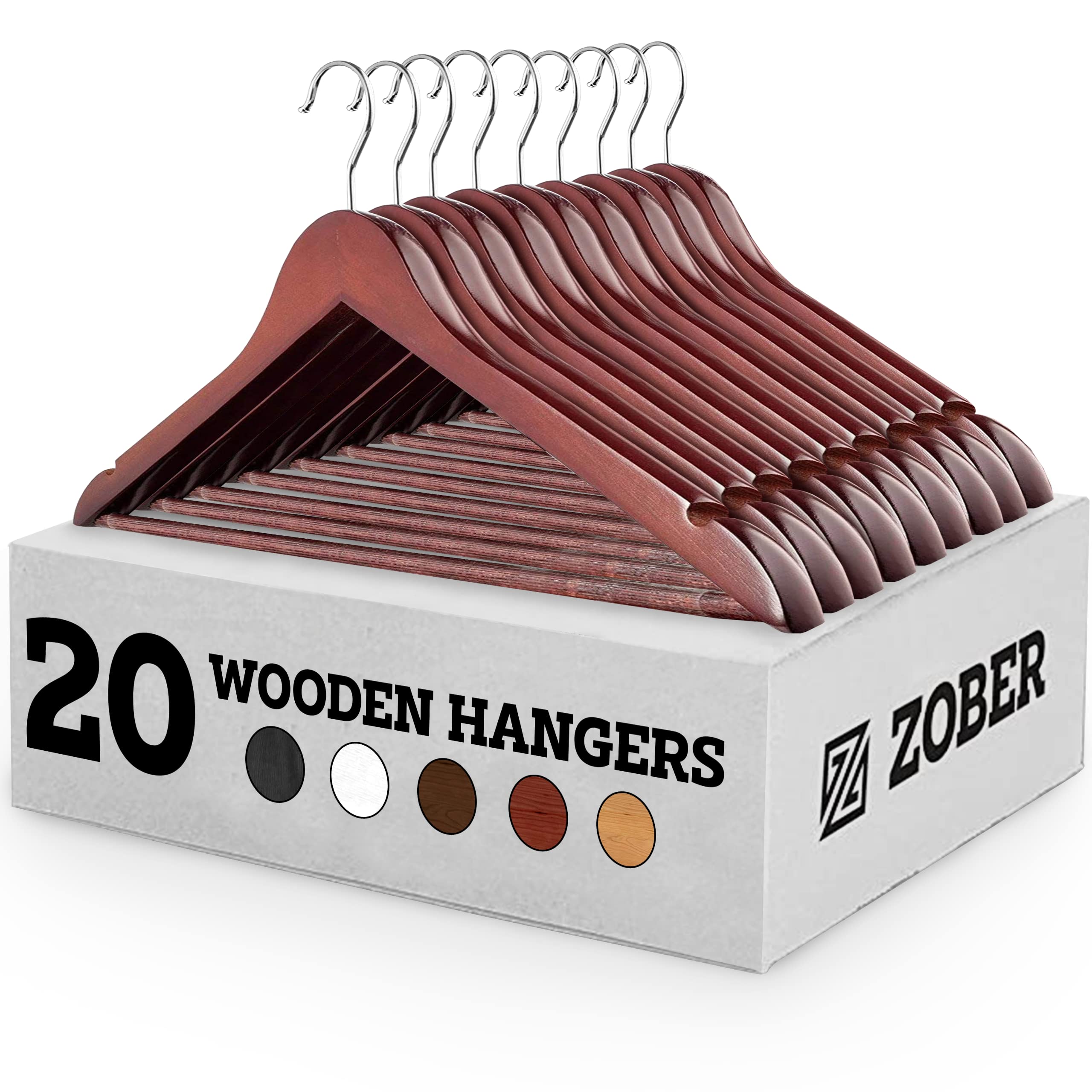 Zober 20-Pack Wooden Hangers - Non-Slip Clothes Hangers for Suits, Pants & Jackets with Bar & Notches - Heavy Duty Wooden Coat Hangers for Closet Organization - Cherry Finish - Perfect for Wardrobe, Dry Cleaning & Retail Stores