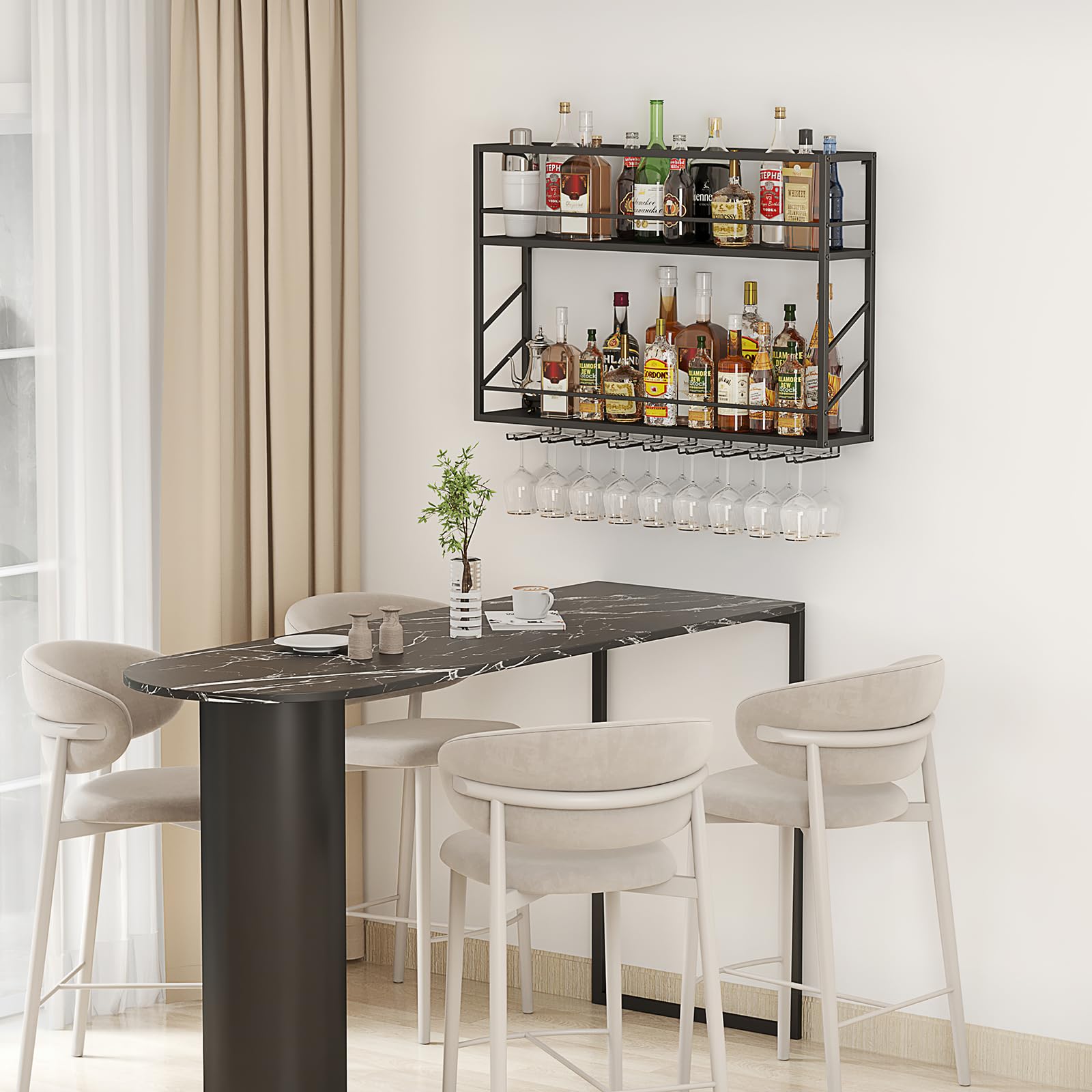 2-Tier Wall Mounted Wine Rack - Metal Bar Shelf with Glass Holder for Liquor Display | Space-Saving Storage Solution for Home Bar, Kitchen & Dining Room (31.4×7.8×26in) | Perfect for Entertaining Guests & Organizing Wine Collections