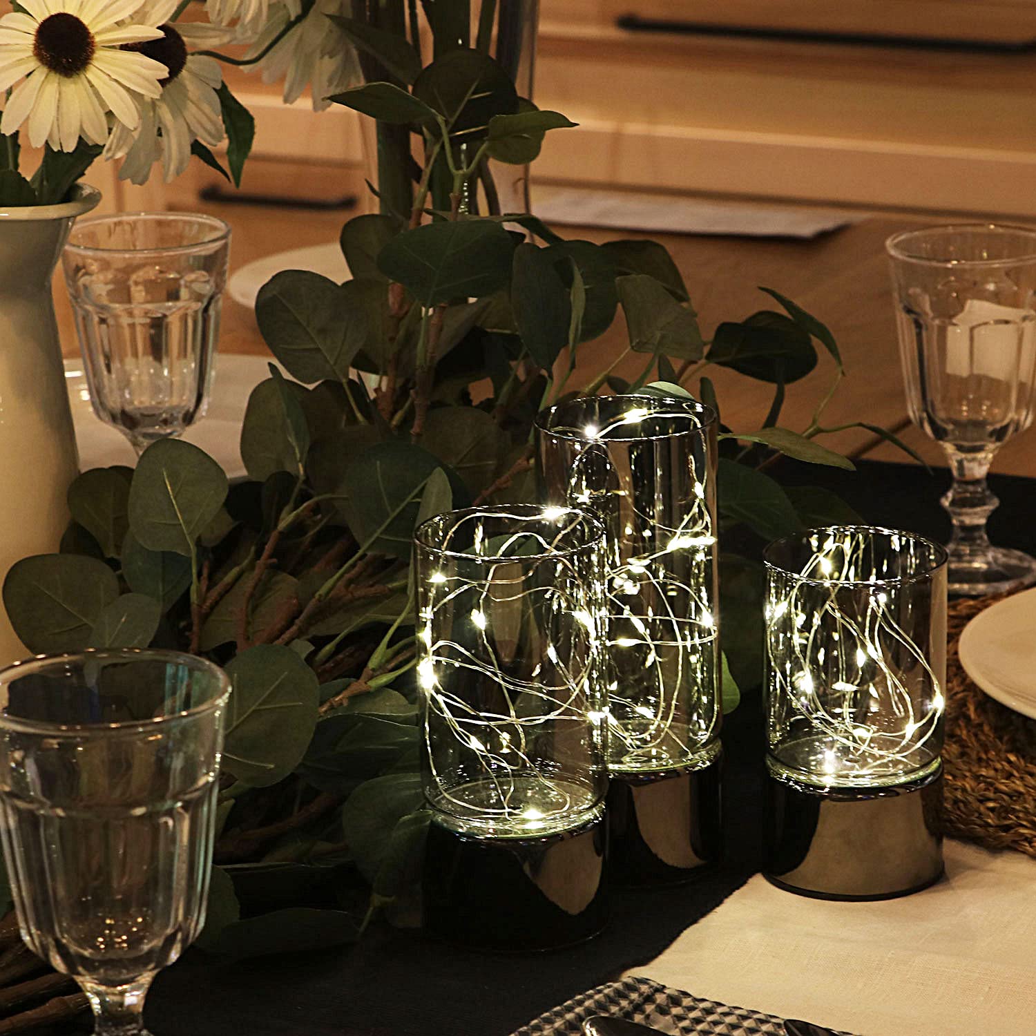 Rhytsing Set of 3 Glass Cylinder Lanterns with Fairy Lights - Decorative Flameless Candle Table Lamp with Timer Function - Perfect for Home Decor, Wedding Centerpieces, and Outdoor Patio Lighting