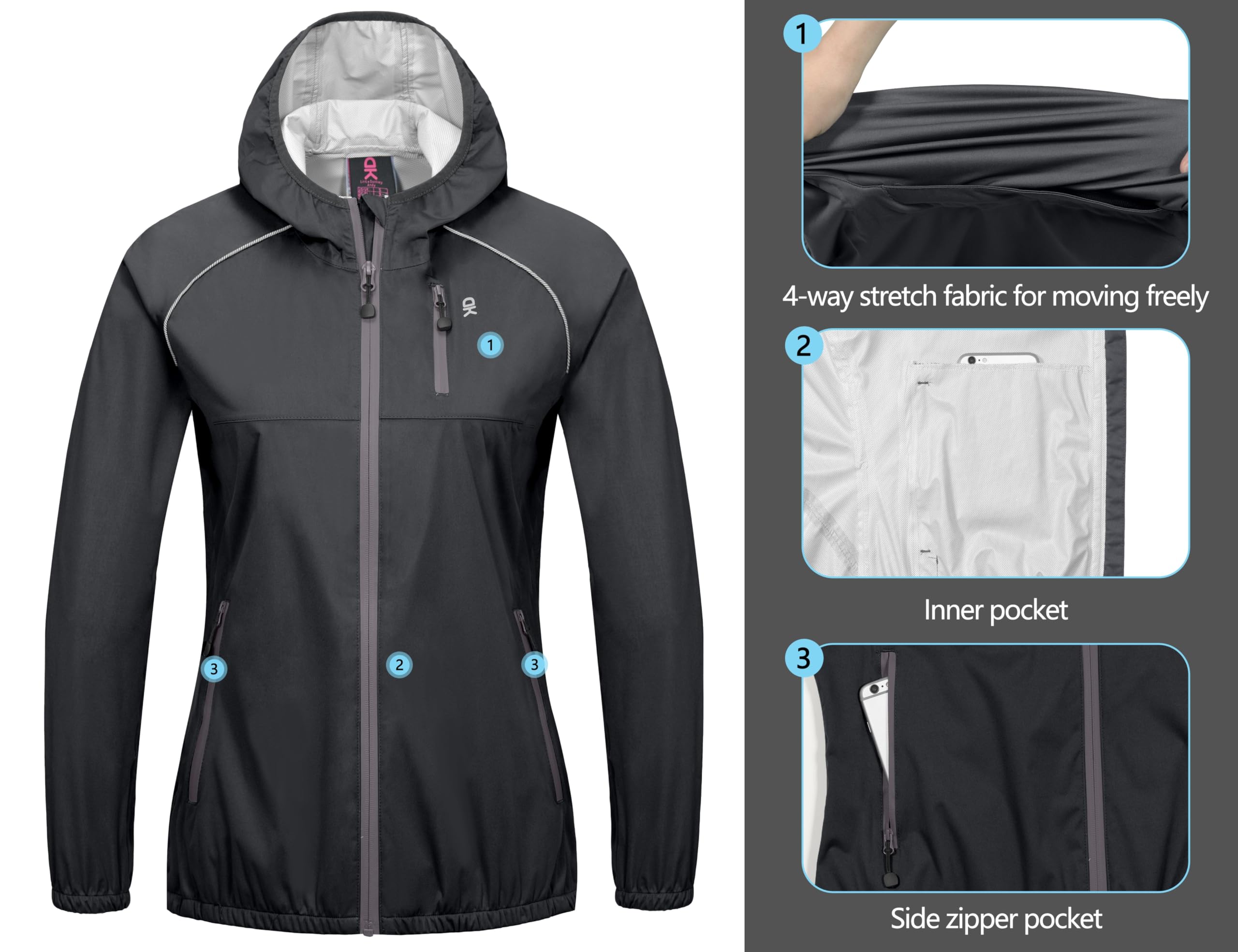 Little Donkey Andy Women's Lightweight Waterproof Cycling Jacket with Hood - Windproof, Stretchable & Packable Raincoat for Outdoor Biking, Hiking & Commuting