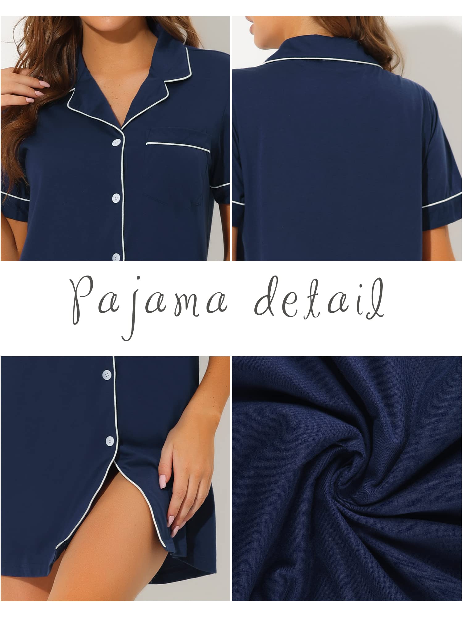 Cheibear Women's Summer Button Down Nightshirt - Soft Lounge Nightgown & Pajama Shirt Dress for Comfortable Sleep & Relaxing at Home