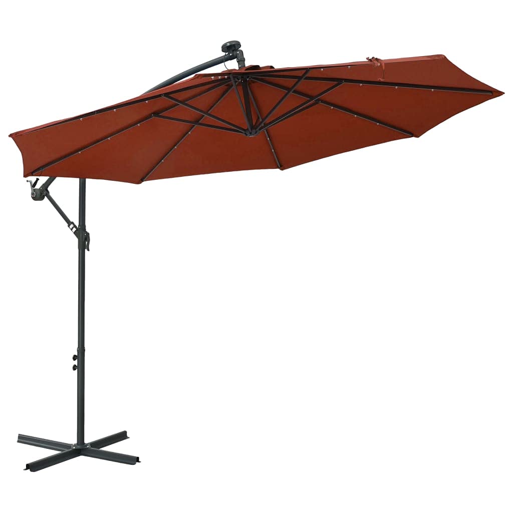 SunshineFace Cantilever Umbrella with Solar LED Lights - 10ft Outdoor Patio Market Umbrella, Adjustable Tilt Steel Pole, Orange Shade Cover for Garden, Poolside, Backyard, and Restaurant