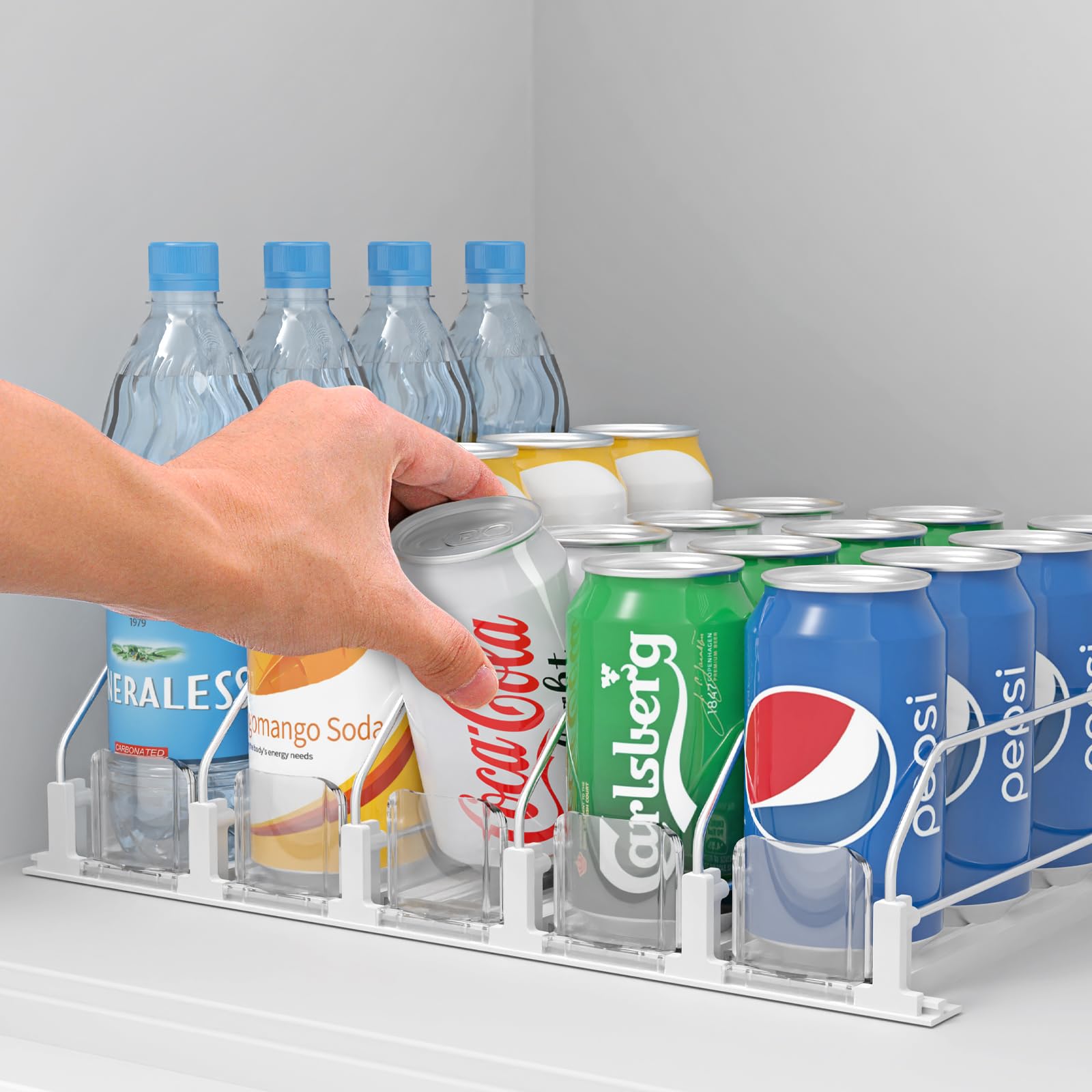 Adjustable Self-Pushing Soda Can Dispenser for Refrigerator - Automatic Pusher Glide Drink Organizer (White) - Perfect for Fridge Organization & Party Drink Storage