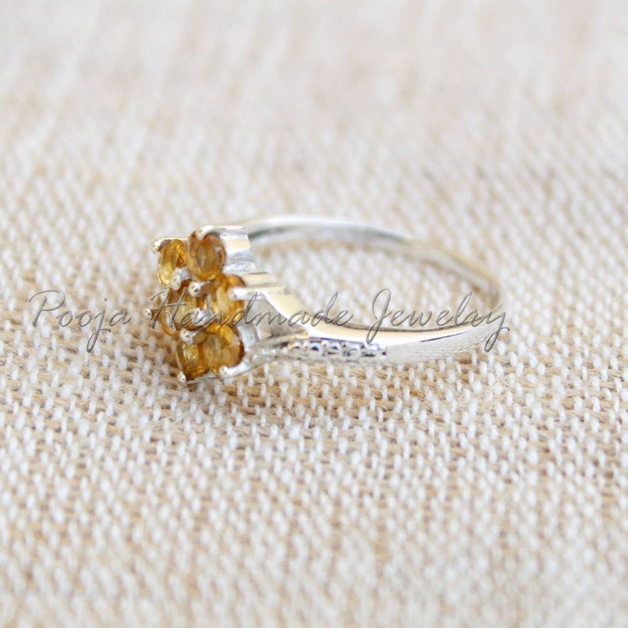 925 Sterling Silver Citrine Ring - Handmade Boho Flower Ring with November Birthstone | Simple & Elegant Everyday Jewelry for Women | Perfect Gift for Her, Anniversary, Promise Ring & Special Occasions