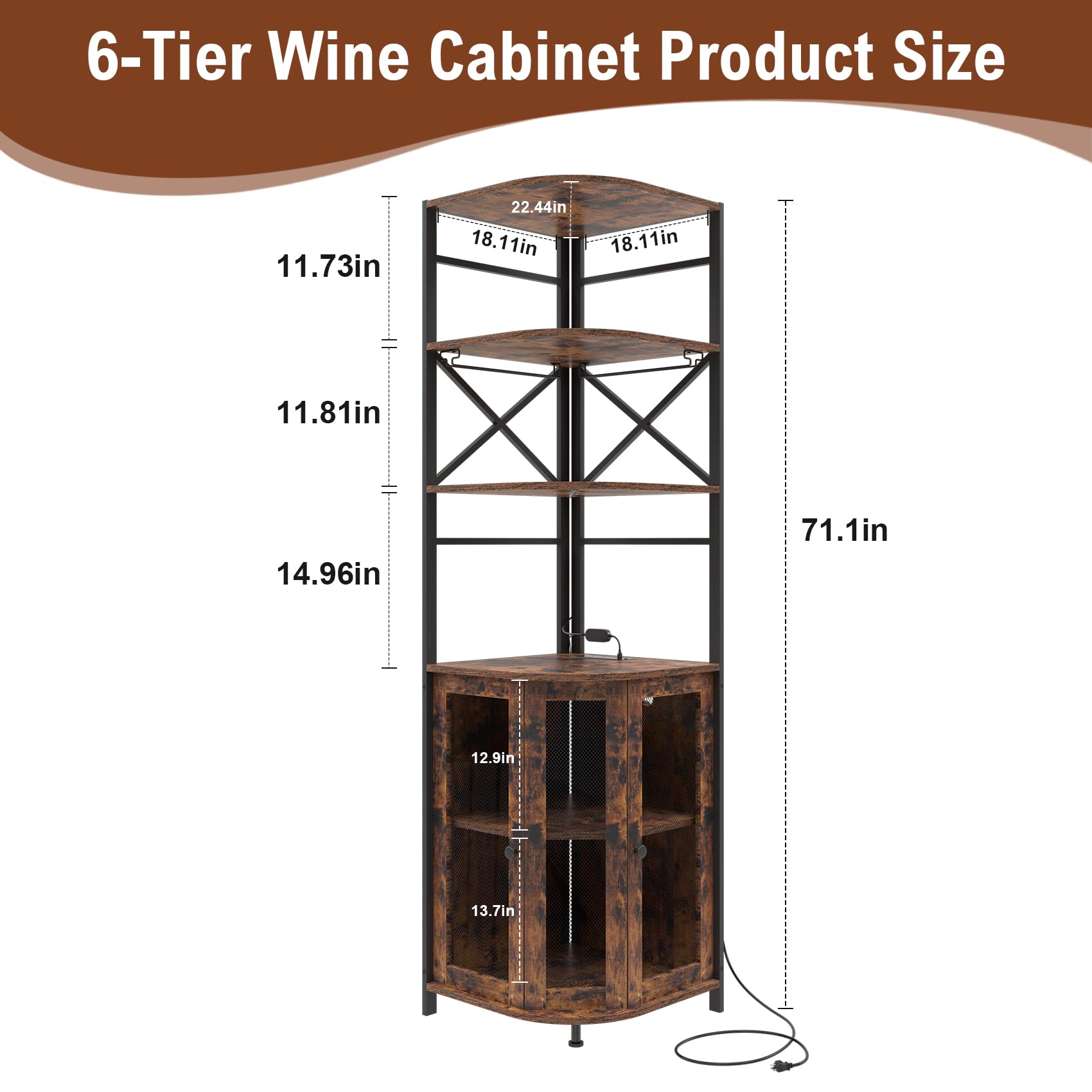 Industrial 6-Tier Wine Bar Cabinet with LED Lights, Power Outlet & Adjustable Glass Shelves - Corner Liquor Storage Cabinet for Home Bar, Dining Room or Christmas Gift