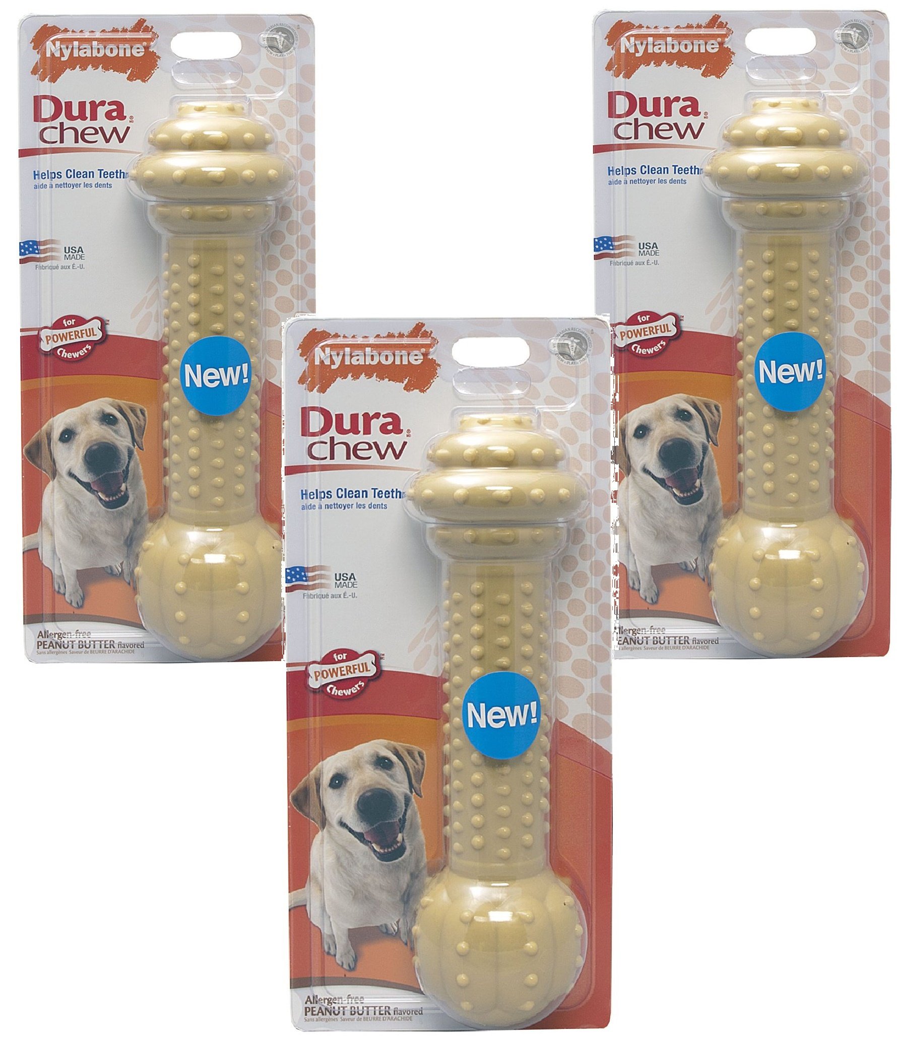 (3 Pack) Nylabone Monster/XL Dura Chew Barbell Dog Chew Toy - Peanut Butter Flavored - Durable Chewing for Aggressive Chewers - Great for Large Dogs & Puppy Teething Relief
