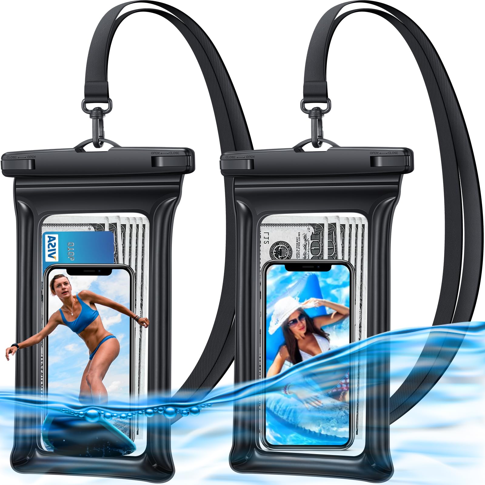 **Diaclara 2-Pack Large Floating Waterproof Phone Pouch for iPhone 15/14/13/12 Pro Max & Galaxy S24/S23/S22 Ultra – IPX8 Waterproof Dry Bag for Swimming, Beach, Cruise & Outdoor Activities (Black)**