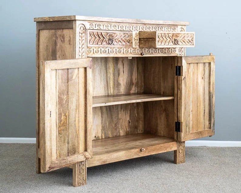 Hand Carved Indian Wooden Sideboard | Small Cabinet for Living Room, Dining Room & Bedroom Storage | Traditional Home Decor