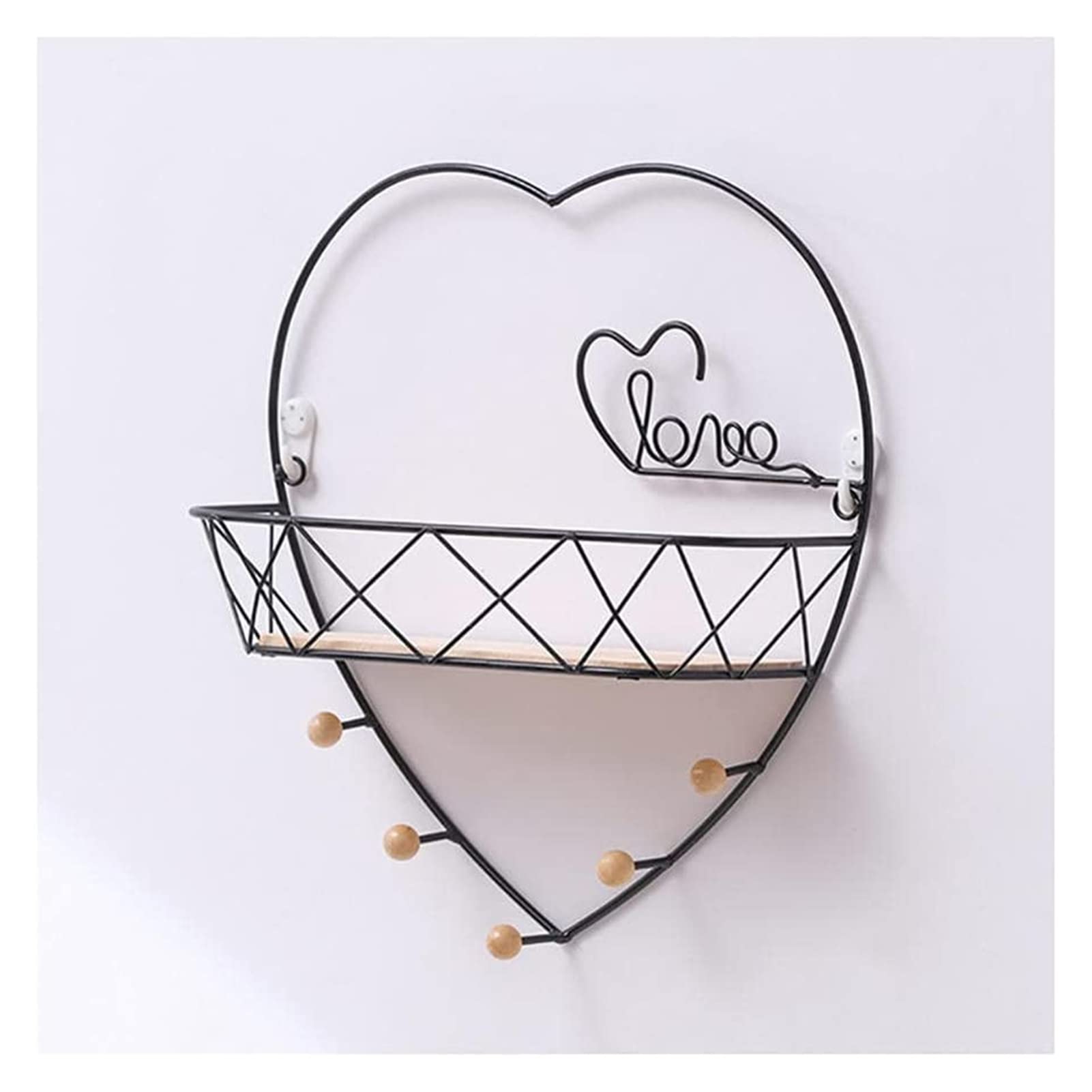 RiShengChang Metal Floating Wall Shelves - Modern Heart-Shaped Black Storage Shelf with Wood Key Hook | Kitchen Decor, Wall Mounted Display Organizer | Perfect for Small Spaces, Pantry Storage & Home Organization