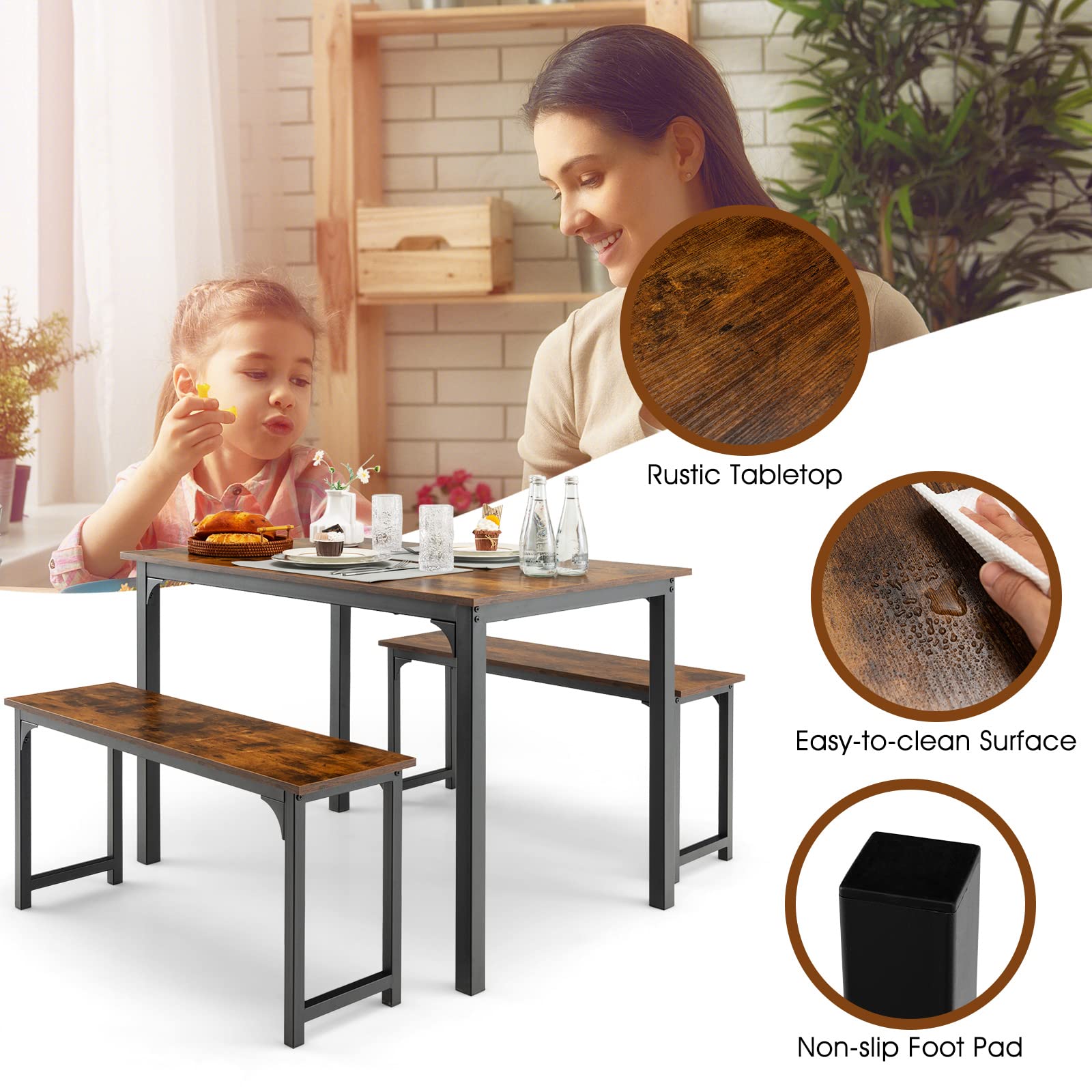 Giantex 4-Piece Industrial Dining Table Set with 2 Benches - Space Saving Kitchen Table for Breakfast Nook, Small Dining Room & Apartment - Easy Assembly Mix Brown - Perfect for Family Meals, Coffee Time & Small Space Living