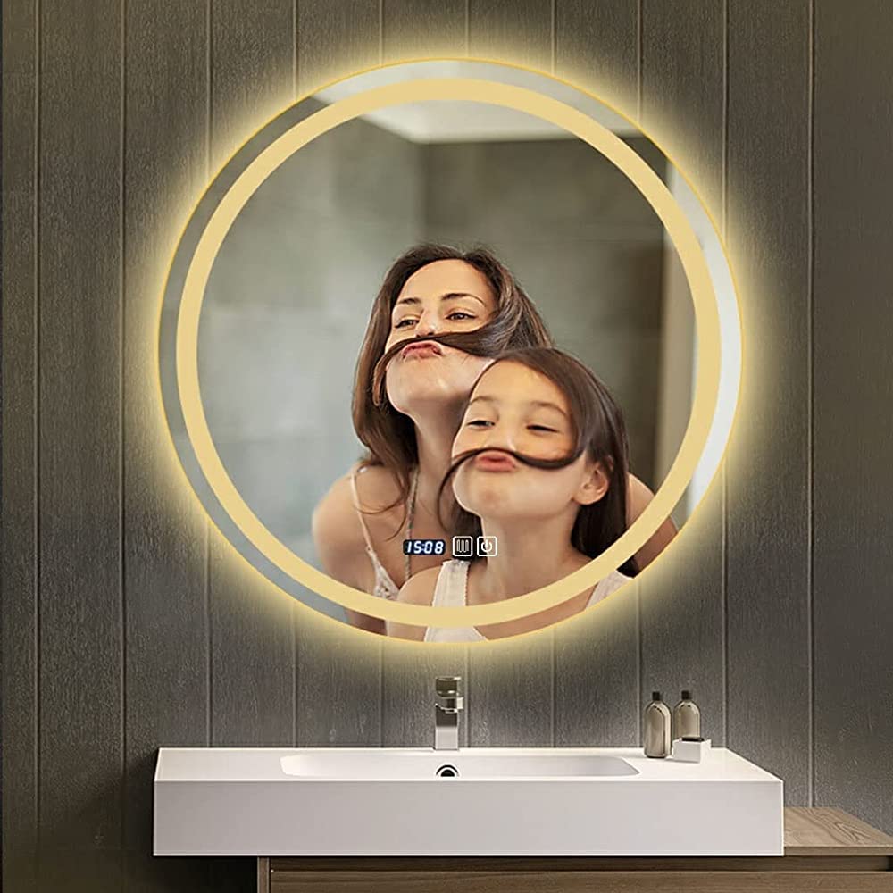 LED Bathroom Mirror with Anti-Fog, Touch Switch, Time & Temperature Display - Frameless Smart Makeup Vanity Mirror (20 Inch, Warm Light) - Perfect for Modern Bathrooms, Spa Rooms and Dressing Areas